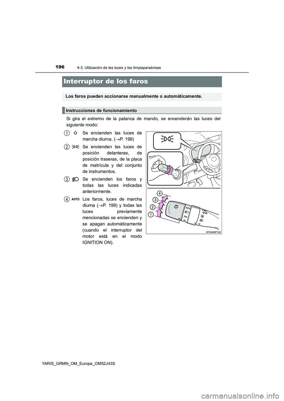 TOYOTA YARIS GRMN 2017 Manuale de Empleo (in Spanish) 1964-3. Utilización de las luces y los limpiaparabrisas
YARIS_GRMN_OM_Europe_OM52J43S
Interruptor de los faros
Si gira el extremo de la palanca de mando, se encenderán las luces del
siguiente modo: TOYOTA YARIS GRMN 2017 Manuale de Empleo (in Spanish) 1964-3. Utilización de las luces y los limpiaparabrisas
YARIS_GRMN_OM_Europe_OM52J43S
Interruptor de los faros
Si gira el extremo de la palanca de mando, se encenderán las luces del
siguiente modo: