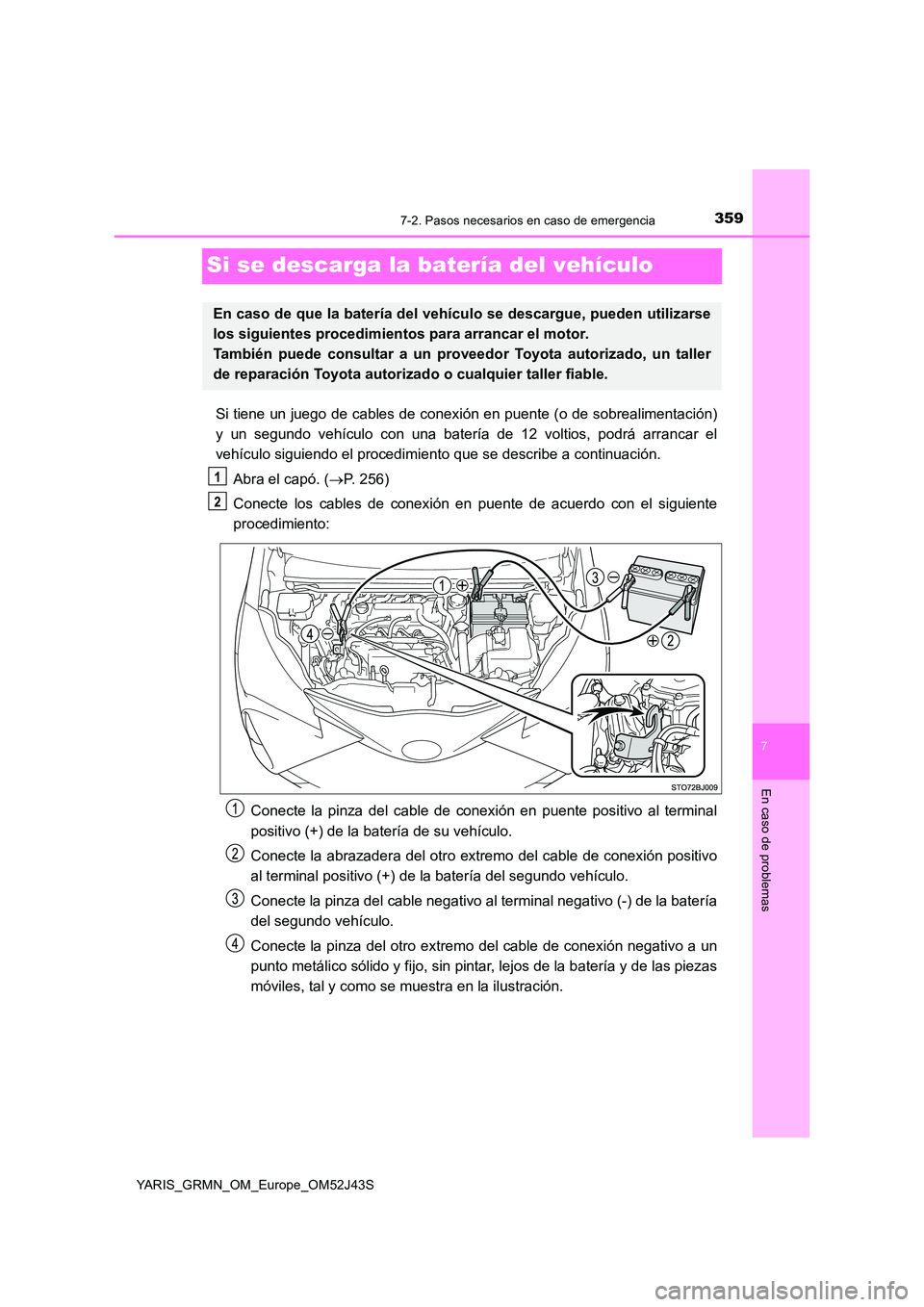 TOYOTA YARIS GRMN 2017  Manuale de Empleo (in Spanish) 3597-2. Pasos necesarios en caso de emergencia
YARIS_GRMN_OM_Europe_OM52J43S
7
En caso de problemas
Si se descarga la batería del vehículo
Si tiene un juego de cables de conexión en puente (o de so