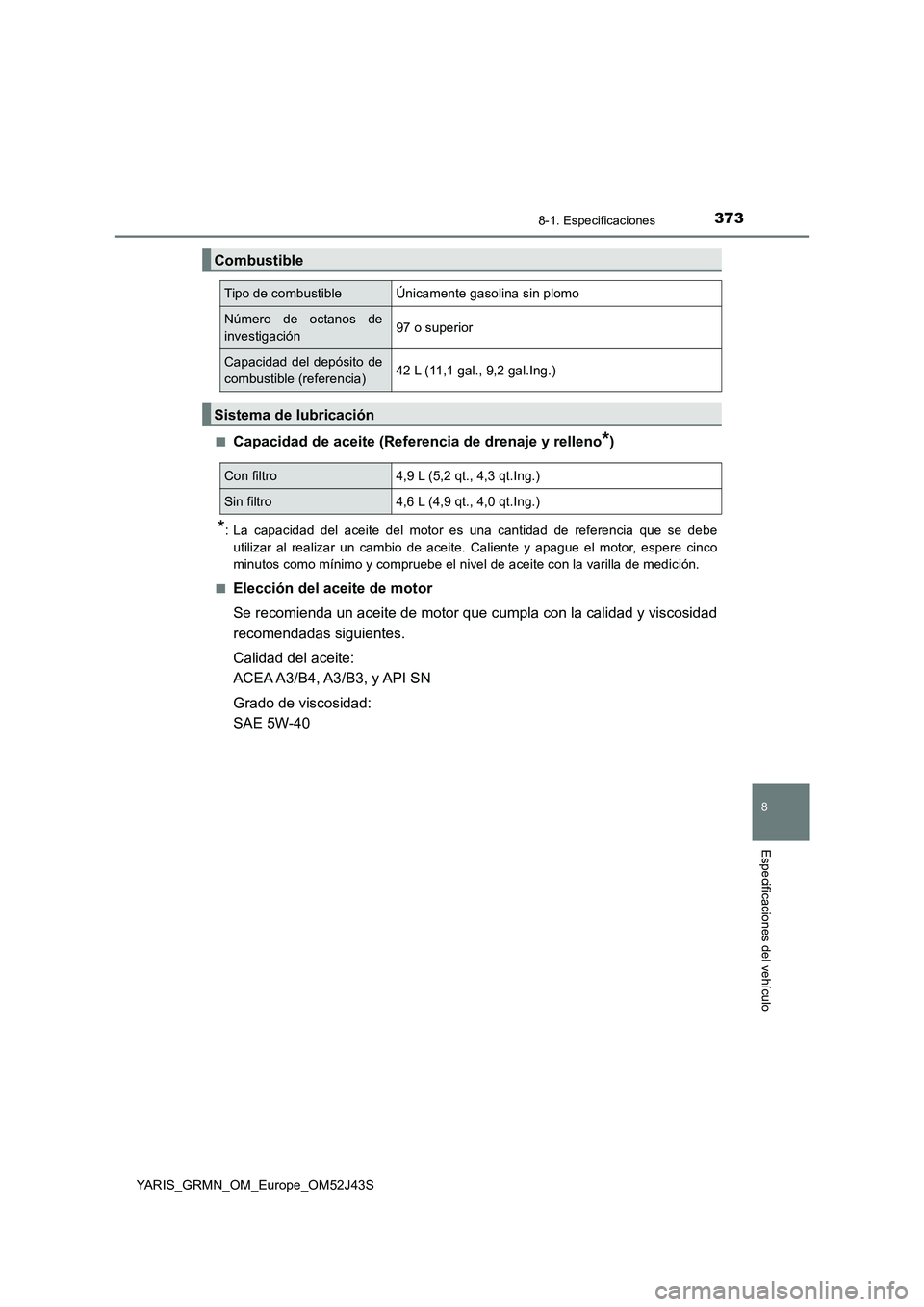 TOYOTA YARIS GRMN 2017 Manuale de Empleo (in Spanish) 3738-1. Especificaciones
8
Especificaciones del vehículo
YARIS_GRMN_OM_Europe_OM52J43S
■Capacidad de aceite (Referencia de drenaje y relleno*)
*: La capacidad del aceite del motor es una cantidad TOYOTA YARIS GRMN 2017 Manuale de Empleo (in Spanish) 3738-1. Especificaciones
8
Especificaciones del vehículo
YARIS_GRMN_OM_Europe_OM52J43S
■Capacidad de aceite (Referencia de drenaje y relleno*)
*: La capacidad del aceite del motor es una cantidad