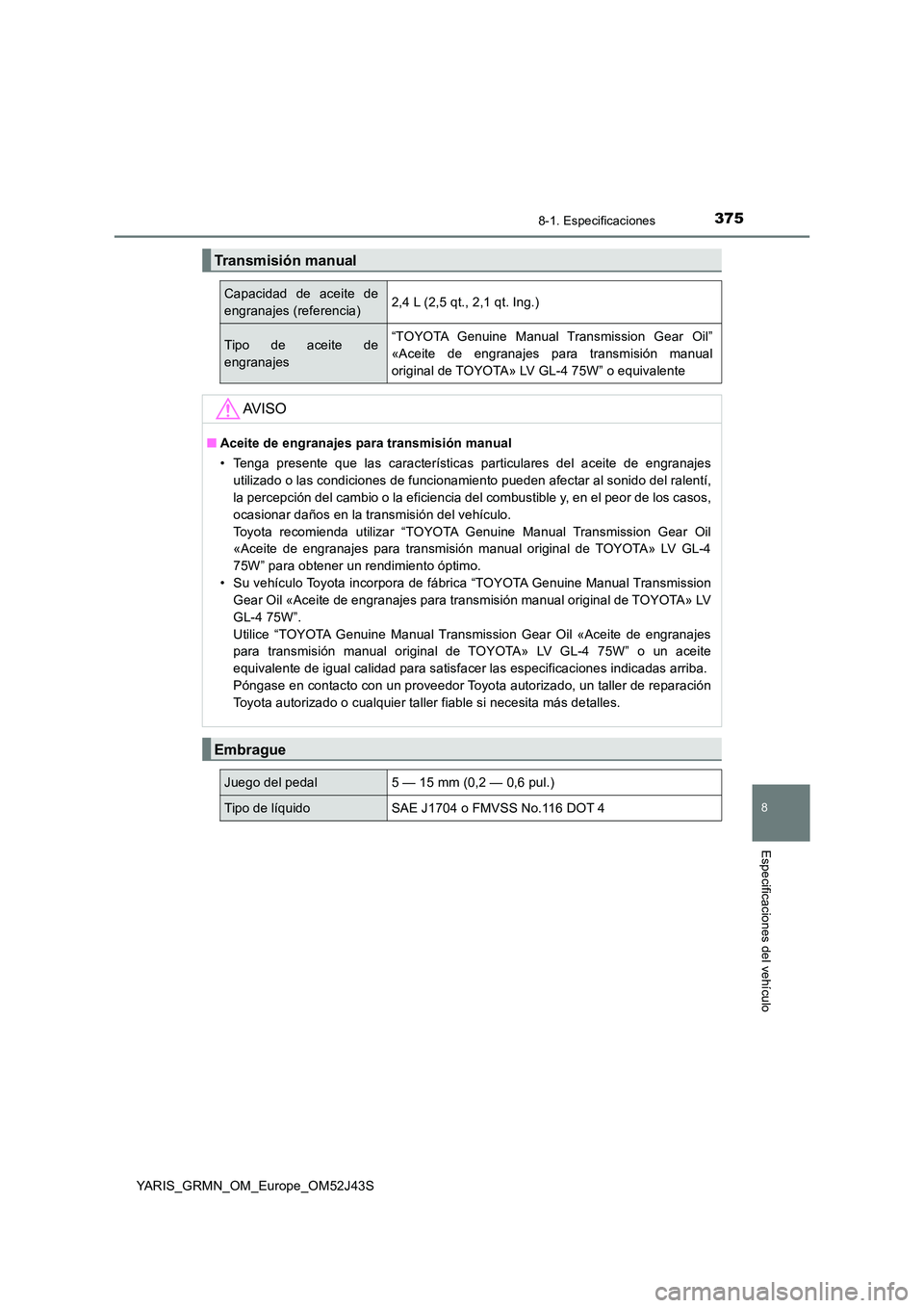 TOYOTA YARIS GRMN 2017 Manuale de Empleo (in Spanish) 3758-1. Especificaciones
8
Especificaciones del vehículo
YARIS_GRMN_OM_Europe_OM52J43S
Transmisión manual
Capacidad de aceite de
engranajes (referencia)2,4 L (2,5 qt., 2,1 qt. Ing.)
Tipo de aceite TOYOTA YARIS GRMN 2017 Manuale de Empleo (in Spanish) 3758-1. Especificaciones
8
Especificaciones del vehículo
YARIS_GRMN_OM_Europe_OM52J43S
Transmisión manual
Capacidad de aceite de
engranajes (referencia)2,4 L (2,5 qt., 2,1 qt. Ing.)
Tipo de aceite