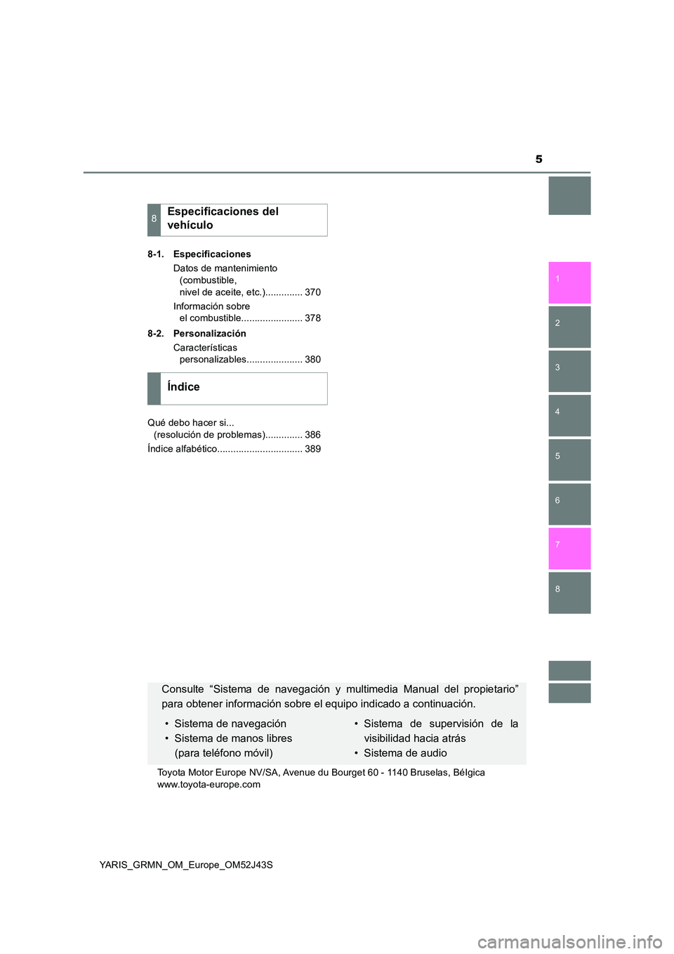 TOYOTA YARIS GRMN 2017  Manuale de Empleo (in Spanish) 5
1 
7 
6
5
4
3
2
8
YARIS_GRMN_OM_Europe_OM52J43S 
8-1. Especificaciones 
Datos de mantenimiento  
(combustible,  
nivel de aceite, etc.).............. 370 
Información sobre  
el combustible........