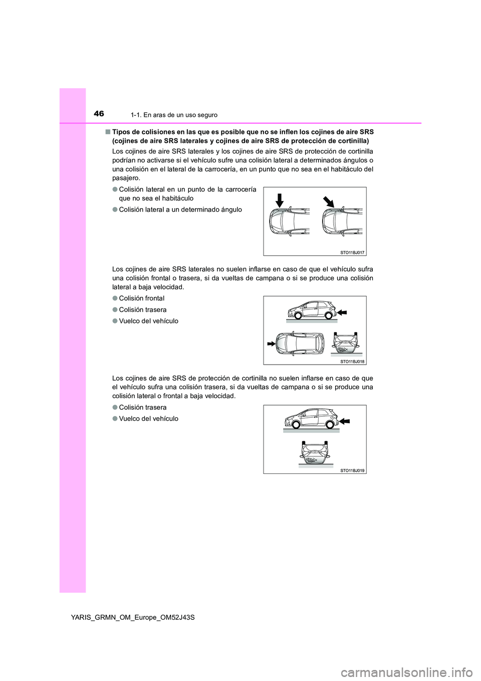 TOYOTA YARIS GRMN 2017 Manuale de Empleo (in Spanish) 461-1. En aras de un uso seguro
YARIS_GRMN_OM_Europe_OM52J43S
■ Tipos de colisiones en las que es posible que no se inflen los cojines de aire SRS
(cojines de aire SRS laterales y cojines de aire TOYOTA YARIS GRMN 2017 Manuale de Empleo (in Spanish) 461-1. En aras de un uso seguro
YARIS_GRMN_OM_Europe_OM52J43S
■ Tipos de colisiones en las que es posible que no se inflen los cojines de aire SRS
(cojines de aire SRS laterales y cojines de aire