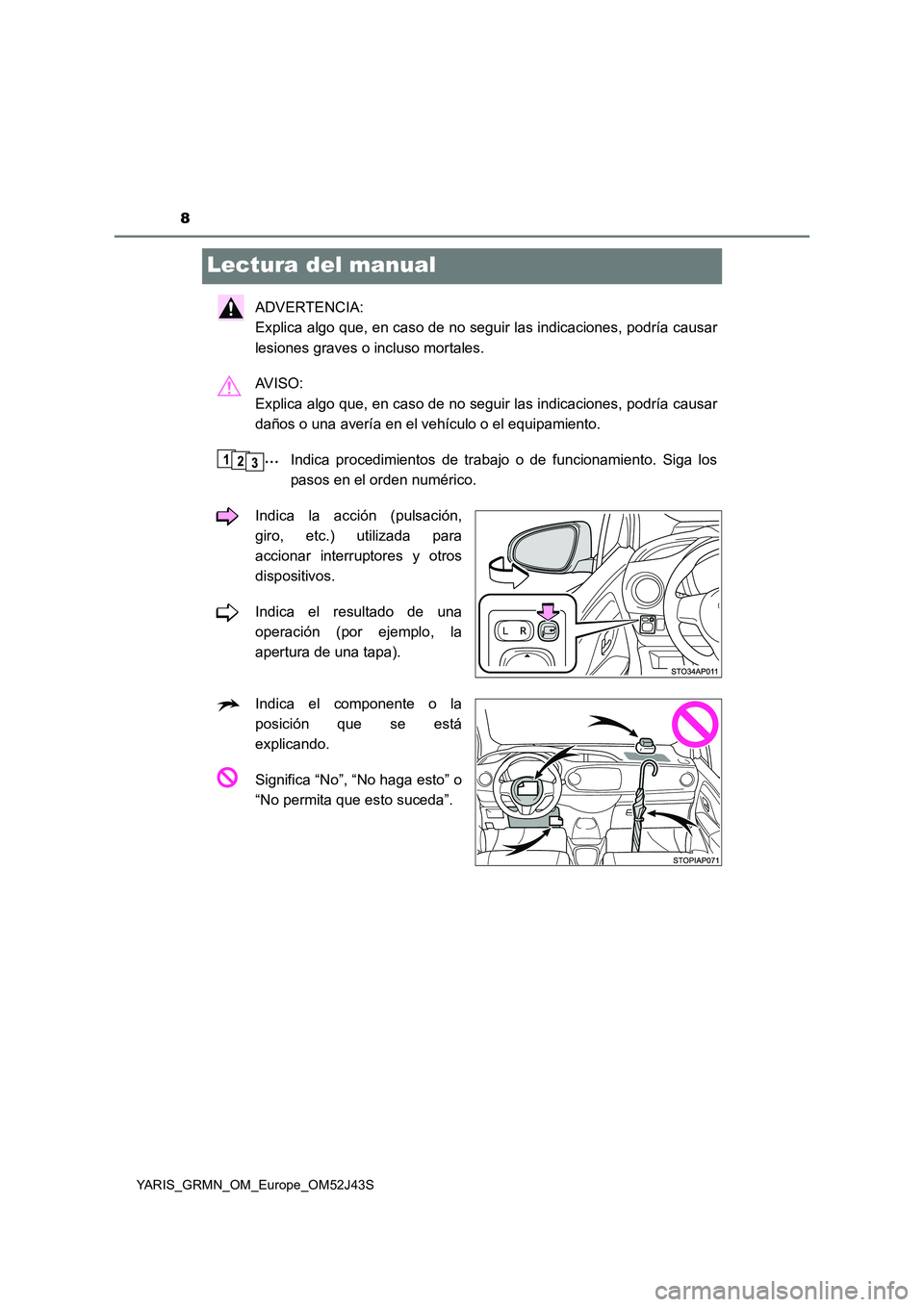 TOYOTA YARIS GRMN 2017  Manuale de Empleo (in Spanish) 8
YARIS_GRMN_OM_Europe_OM52J43S
Lectura del manual
ADVERTENCIA:  
Explica algo que, en caso de no seguir las indicaciones, podría causar 
lesiones graves o incluso mortales. 
AV I S O :   
Explica al