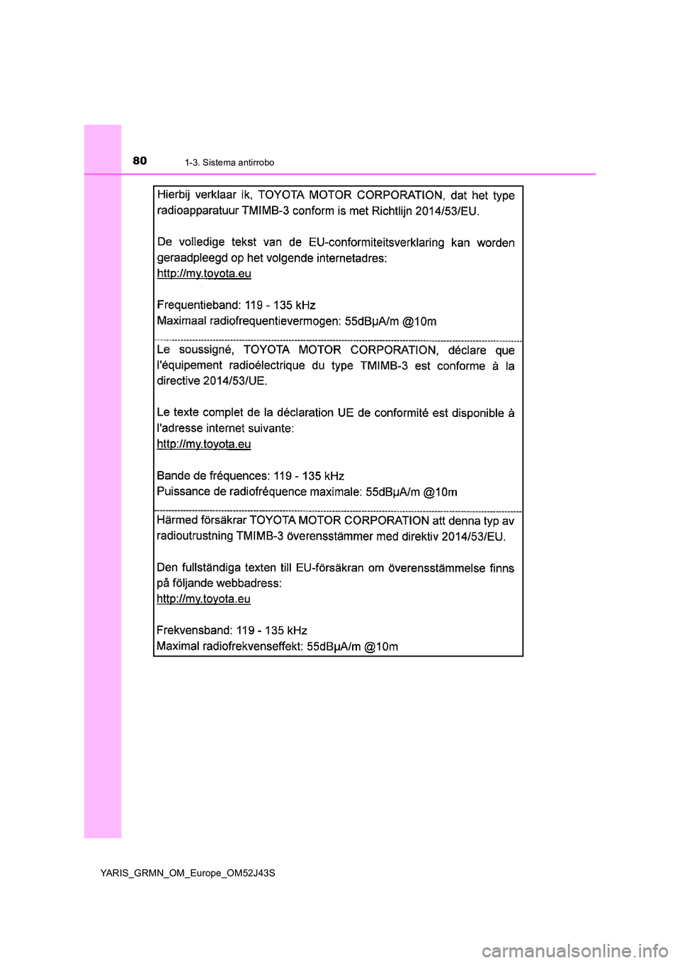 TOYOTA YARIS GRMN 2017 Manuale de Empleo (in Spanish) 801-3. Sistema antirrobo
YARIS_GRMN_OM_Europe_OM52J43S TOYOTA YARIS GRMN 2017 Manuale de Empleo (in Spanish) 801-3. Sistema antirrobo
YARIS_GRMN_OM_Europe_OM52J43S