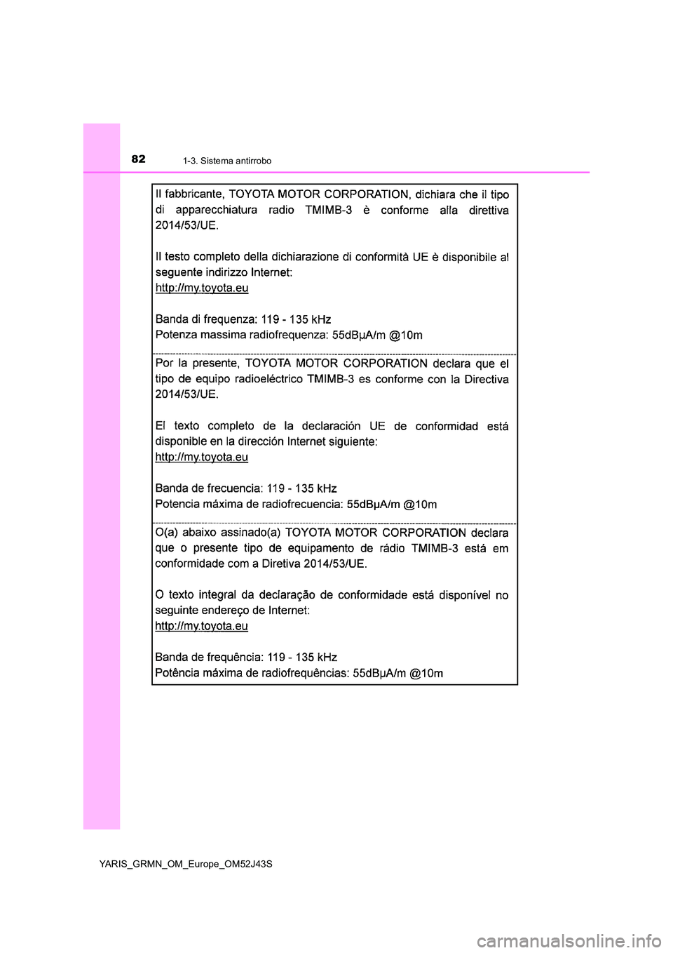 TOYOTA YARIS GRMN 2017 Manuale de Empleo (in Spanish) 821-3. Sistema antirrobo
YARIS_GRMN_OM_Europe_OM52J43S TOYOTA YARIS GRMN 2017 Manuale de Empleo (in Spanish) 821-3. Sistema antirrobo
YARIS_GRMN_OM_Europe_OM52J43S