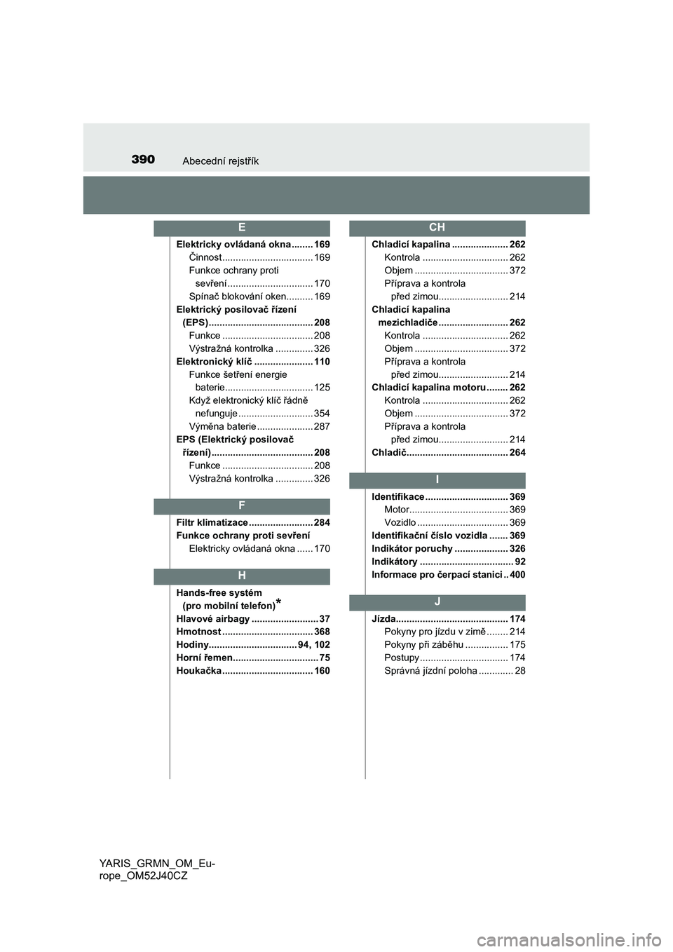TOYOTA YARIS GRMN 2017  Návod na použití (in Czech) 390Abecední rejstřík
YARIS_GRMN_OM_Eu-
rope_OM52J40CZ
Elektricky ovládaná okna ........ 169
Činnost .................................. 169
Funkce ochrany proti 
sevření .......................