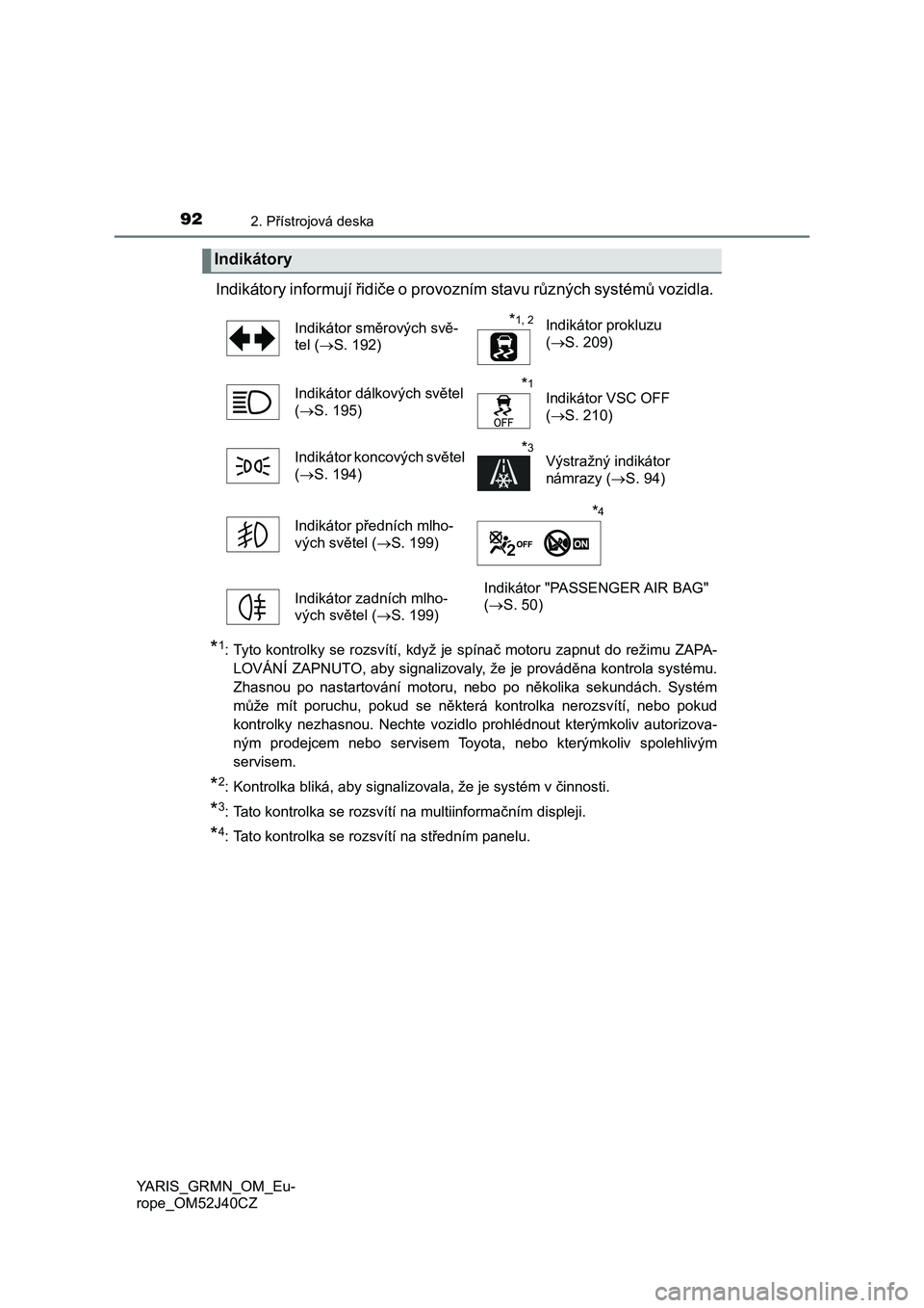 TOYOTA YARIS GRMN 2017  Návod na použití (in Czech) 922. Přístrojová deska
YARIS_GRMN_OM_Eu-
rope_OM52J40CZ
Indikátory informují řidiče o provozním stavu různých systémů vozidla. 
*1: Tyto kontrolky se rozsvítí, když je spínač motoru z