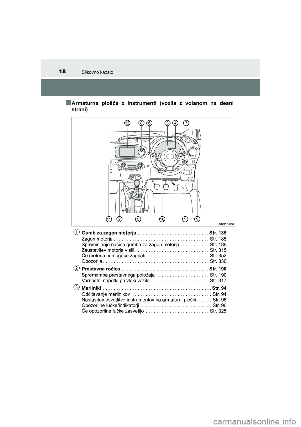 TOYOTA YARIS GRMN 2017 Navodila Za Uporabo (in Slovenian) 18Slikovno kazalo
YARIS_GRMN_OM_Europe_OM52J40E
■Armaturna plošča z instrumenti (vozila z volanom na desni
strani)
Gumb za zagon motorja . . . . . . . . . . . . . . . . . . . . . . . . . . . Str. TOYOTA YARIS GRMN 2017 Navodila Za Uporabo (in Slovenian) 18Slikovno kazalo
YARIS_GRMN_OM_Europe_OM52J40E
■Armaturna plošča z instrumenti (vozila z volanom na desni
strani)
Gumb za zagon motorja . . . . . . . . . . . . . . . . . . . . . . . . . . . Str.