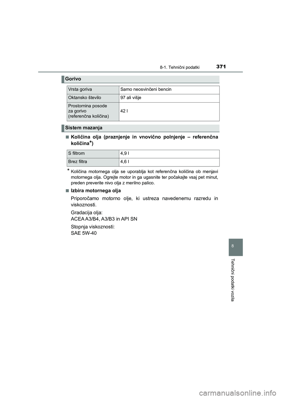 TOYOTA YARIS GRMN 2017  Navodila Za Uporabo (in Slovenian) 3718-1. Tehnični podatki
8
Tehnični podatki vozila
YARIS_GRMN_OM_Europe_OM52J40E■
Količina olja (praznjenje in vnovično polnjenje – referenčna
količina
*)
*Količina motornega olja se uporab