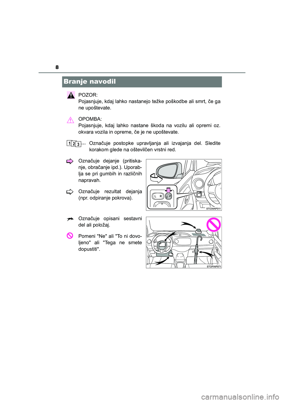 TOYOTA YARIS GRMN 2017  Navodila Za Uporabo (in Slovenian) 8
YARIS_GRMN_OM_Europe_OM52J40E
Branje navodil
POZOR: 
Pojasnjuje, kdaj lahko nastanejo težke poškodbe ali smrt, če ga
ne upoštevate.
OPOMBA: 
Pojasnjuje, kdaj lahko nastane škoda na vozilu ali o