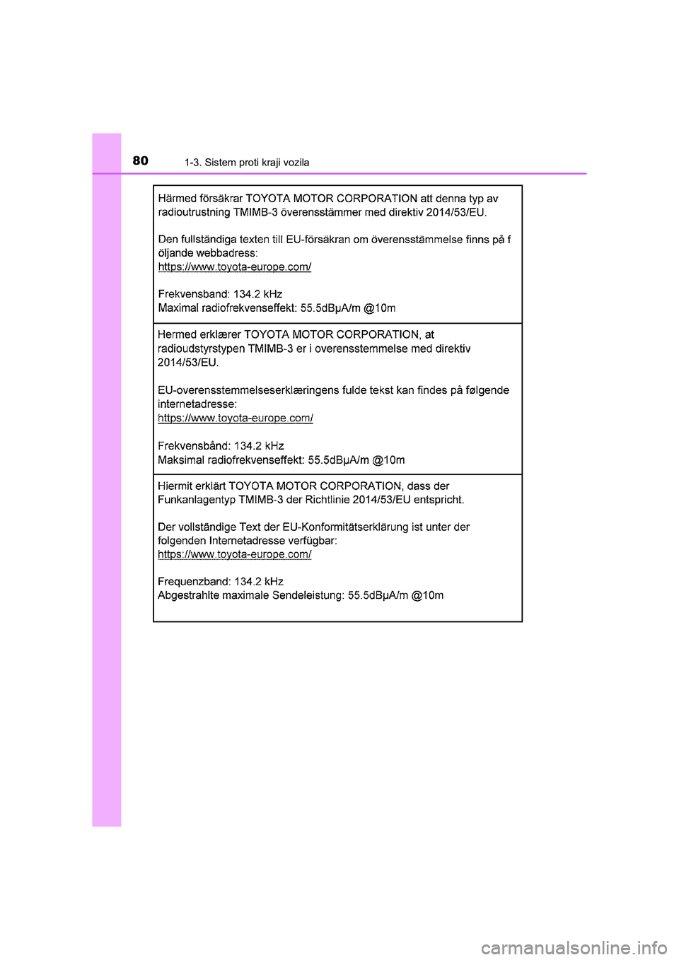TOYOTA YARIS GRMN 2017  Navodila Za Uporabo (in Slovenian) 801-3. Sistem proti kraji vozila
YARIS_GRMN_OM_Europe_OM52J40E
YARIS_GRMN_OM_Europe_OM52J40E.book  Page 80  Friday, December 15, 2017  11:49 AM 