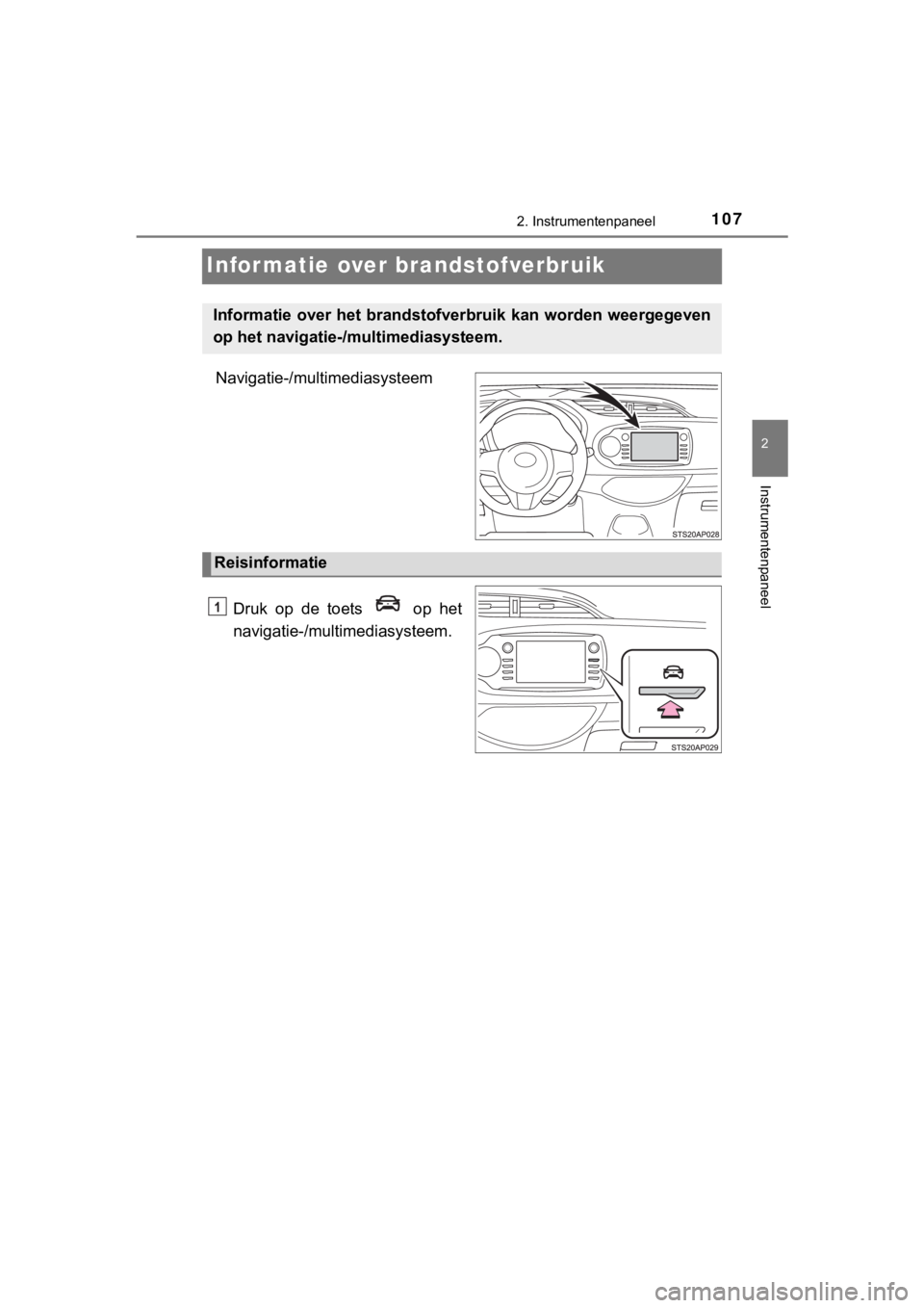 TOYOTA YARIS GRMN 2017  Instructieboekje (in Dutch) 107
2
2. Instrumentenpaneel
Instrumentenpaneel
YARIS_GRMN_OM_Europe_OM52J40E
Informatie over brandstofverbruik
Navigatie-/multimediasysteem
Druk  op  de  toets    op  het
navigatie-/multi mediasysteem