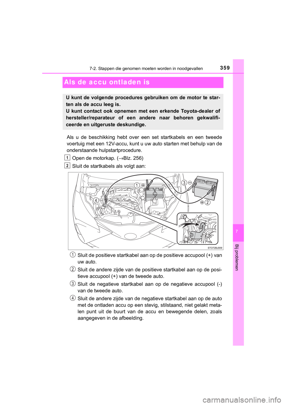 TOYOTA YARIS GRMN 2017 Instructieboekje (in Dutch) 3597-2. Stappen die genomen moeten worden in noodgevallen
YARIS_GRMN_OM_Europe_OM52J40E
7
Bij problemen
Als de accu ontladen is
Als u de beschikking hebt over een set startkabels en een twe TOYOTA YARIS GRMN 2017 Instructieboekje (in Dutch) 3597-2. Stappen die genomen moeten worden in noodgevallen
YARIS_GRMN_OM_Europe_OM52J40E
7
Bij problemen
Als de accu ontladen is
Als u de beschikking hebt over een set startkabels en een twe