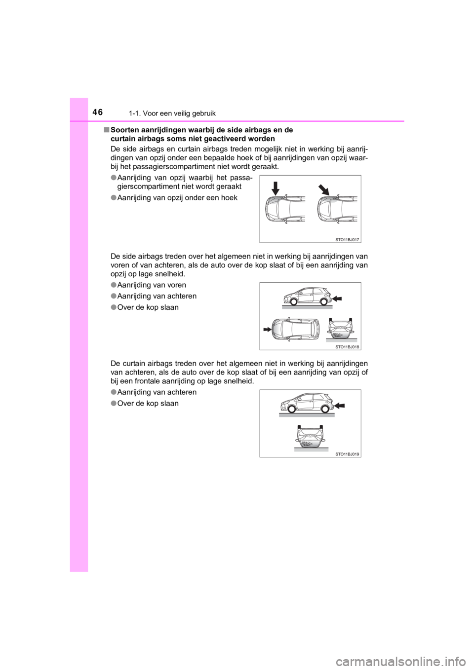 TOYOTA YARIS GRMN 2017 Instructieboekje (in Dutch) 461-1. Voor een veilig gebruik
YARIS_GRMN_OM_Europe_OM52J40E■
Soorten aanrijdingen waarbi j de side airbags en de
curtain airbags soms niet geactiveerd worden
De side airbags en curtain airbag TOYOTA YARIS GRMN 2017 Instructieboekje (in Dutch) 461-1. Voor een veilig gebruik
YARIS_GRMN_OM_Europe_OM52J40E■
Soorten aanrijdingen waarbi j de side airbags en de
curtain airbags soms niet geactiveerd worden
De side airbags en curtain airbag