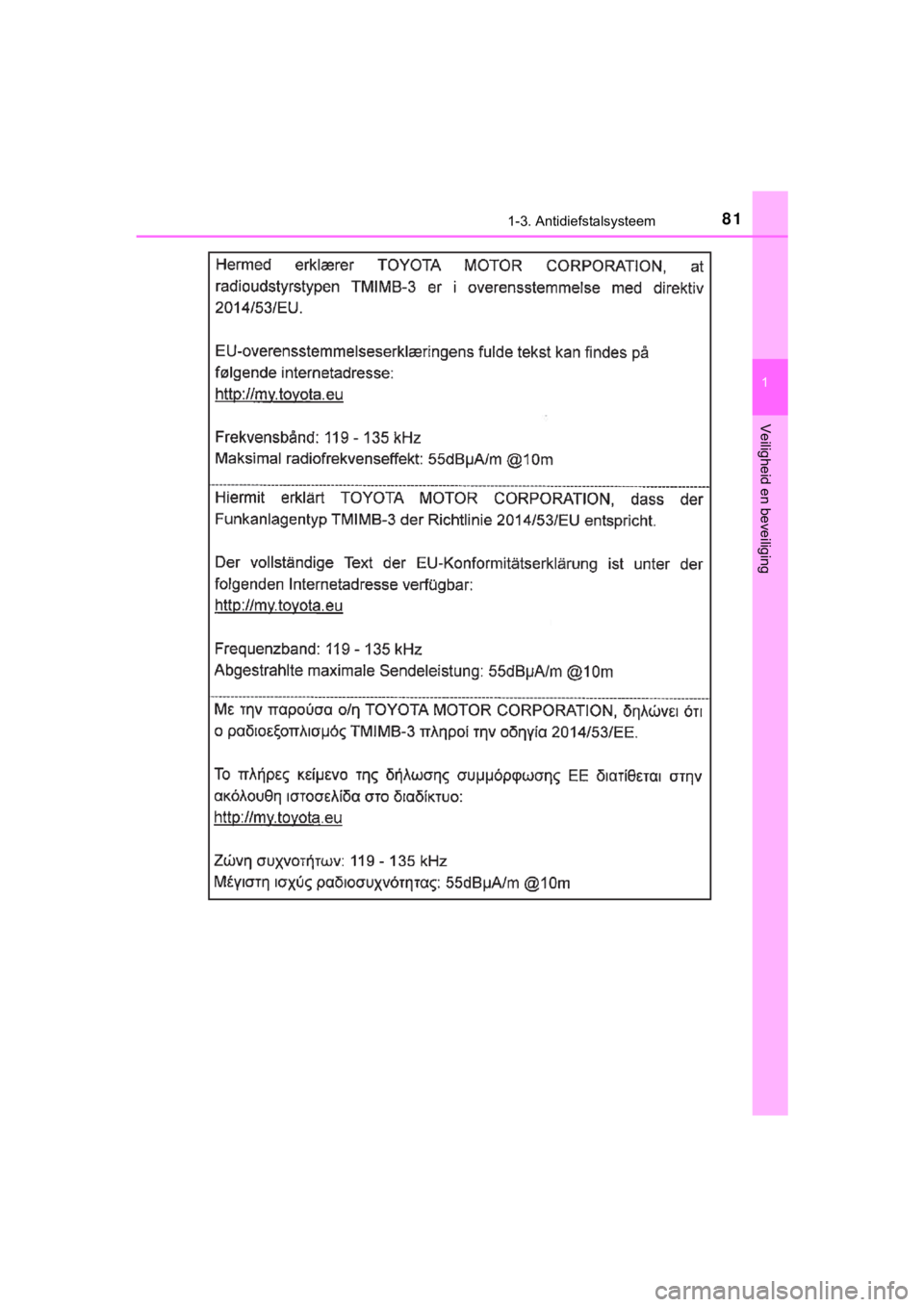 TOYOTA YARIS GRMN 2017  Instructieboekje (in Dutch) 811-3. Antidiefstalsysteem
1
Veiligheid en beveiliging
YARIS_GRMN_OM_Europe_OM52J40E
YARIS_GRMN_OM_Europe_OM52J40E.book  Page 81  Tuesday, December 19, 2017  2:22 PM 