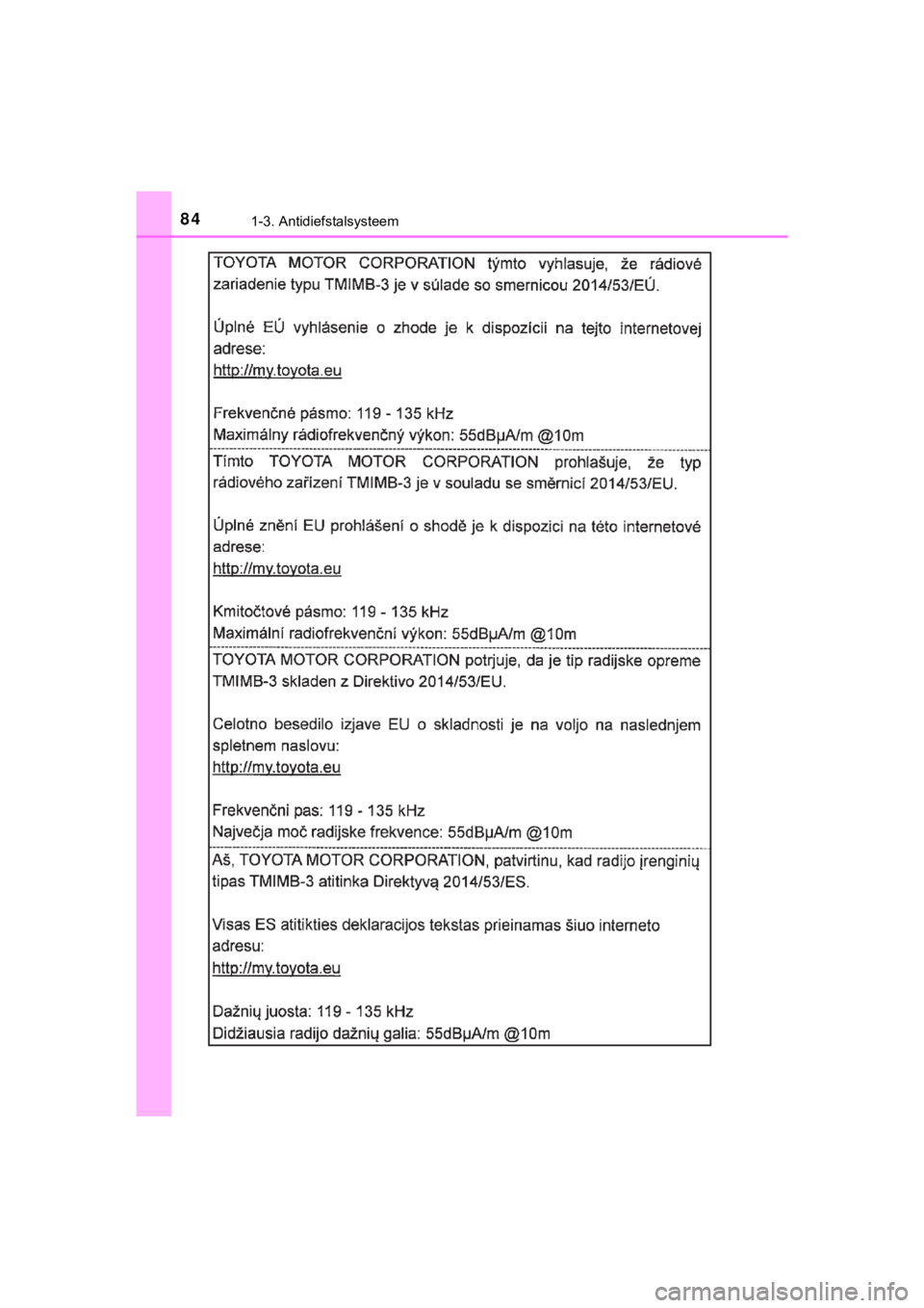 TOYOTA YARIS GRMN 2017  Instructieboekje (in Dutch) 841-3. Antidiefstalsysteem
YARIS_GRMN_OM_Europe_OM52J40E
YARIS_GRMN_OM_Europe_OM52J40E.book  Page 84  Tuesday, December 19, 2017  2:22 PM 