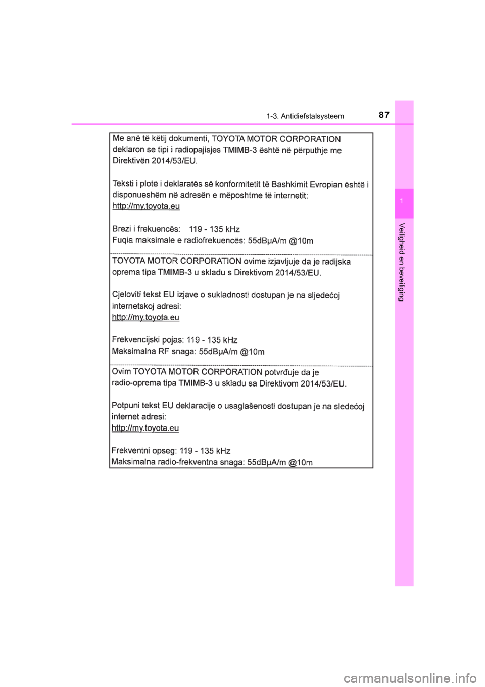 TOYOTA YARIS GRMN 2017  Instructieboekje (in Dutch) 871-3. Antidiefstalsysteem
1
Veiligheid en beveiliging
YARIS_GRMN_OM_Europe_OM52J40E
YARIS_GRMN_OM_Europe_OM52J40E.book  Page 87  Tuesday, December 19, 2017  2:22 PM 