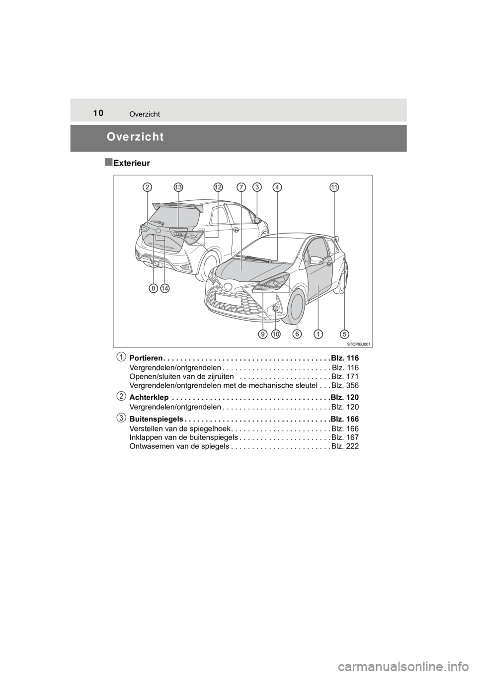 TOYOTA YARIS GRMN 2017  Instructieboekje (in Dutch) 10Overzicht
YARIS_GRMN_OM_Europe_OM52J40E
Overzicht
■
Exterieur
Portieren . . . . . . . . . . . . . . . . . . . . . . . . . . . . . . . . . . . . . . . . Blz. 116
Vergrendelen/ontgrendelen . . . . .