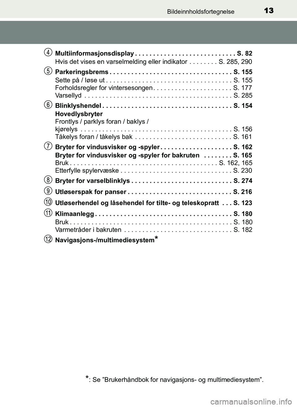 TOYOTA YARIS GRMN 2017  Instruksjoner for bruk (in Norwegian) 13Bildeinnholdsfortegnelse
OM52J40NOMultiinformasjonsdisplay . . . . . . . . . . . . . . . . . . . . . . . . . . . . S. 82
Hvis det vises en varselmelding eller indikator  . . . . . . . . S. 285, 290
