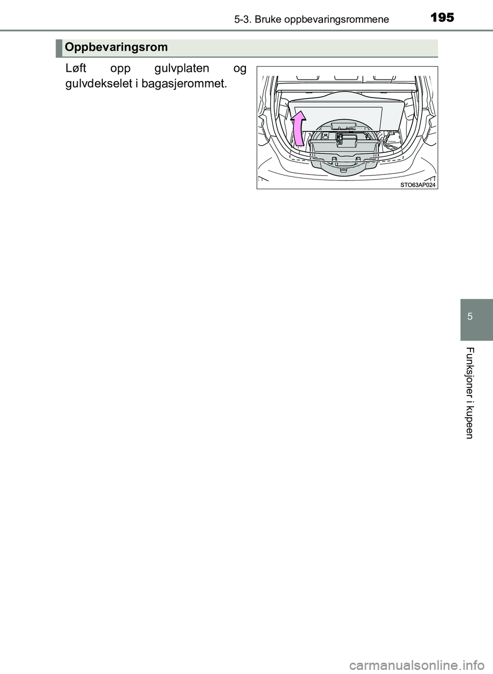 TOYOTA YARIS GRMN 2017  Instruksjoner for bruk (in Norwegian) 1955-3. Bruke oppbevaringsrommene
OM52J40NO
5
Funksjoner i kupeen
Løft opp gulvplaten og
gulvdekselet i bagasjerommet.
Oppbevaringsrom
OM52J40NO.book  Page 195  Tuesday, December 19, 2017  3:36 PM 