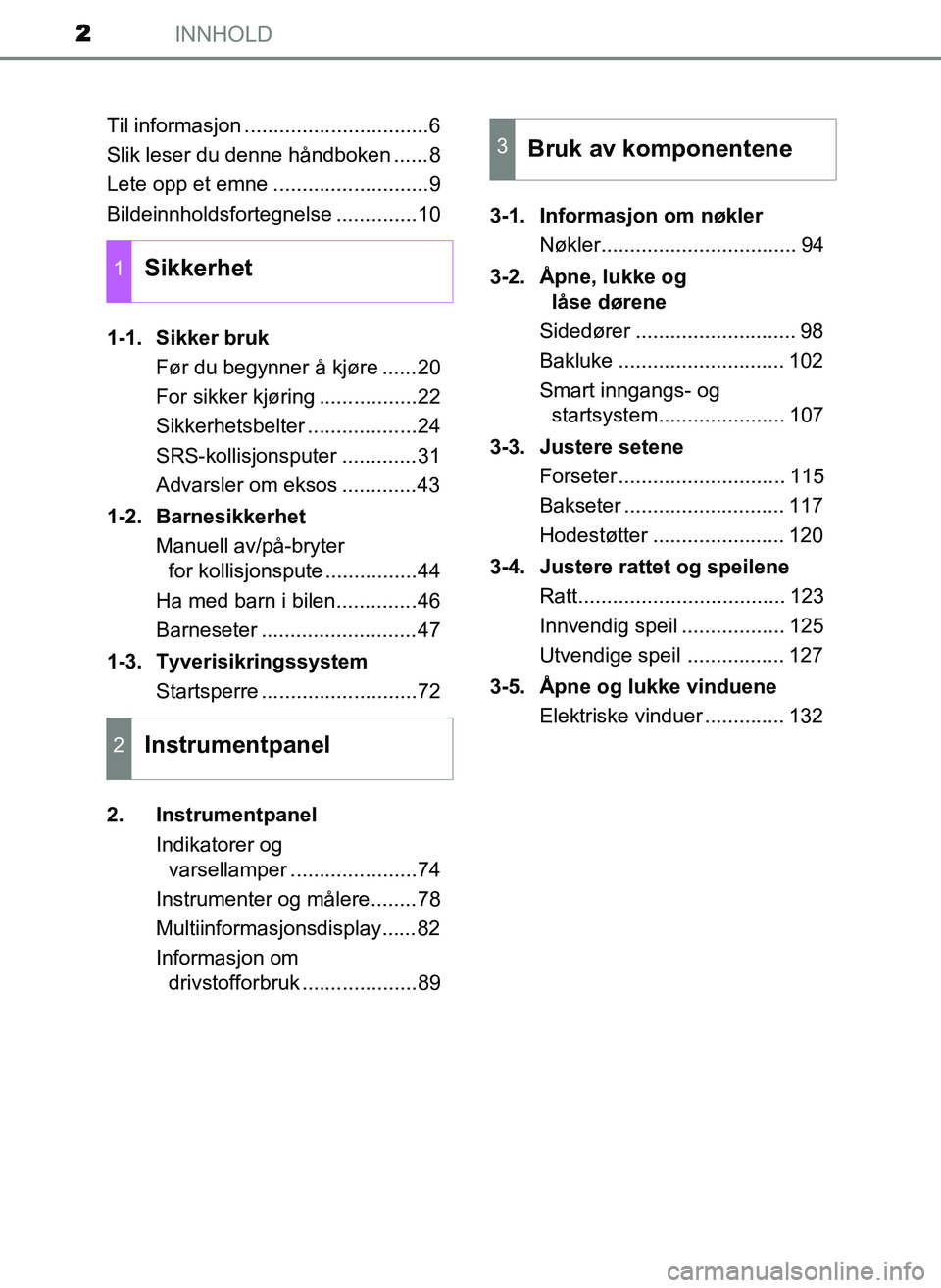 TOYOTA YARIS GRMN 2017 Instruksjoner for bruk (in Norwegian) INNHOLD2
OM52J40NOTil informasjon ................................6
Slik leser du denne håndboken ......8
Lete opp et emne ...........................9
Bildeinnholdsfortegnelse ..............10
1-1. TOYOTA YARIS GRMN 2017 Instruksjoner for bruk (in Norwegian) INNHOLD2
OM52J40NOTil informasjon ................................6
Slik leser du denne håndboken ......8
Lete opp et emne ...........................9
Bildeinnholdsfortegnelse ..............10
1-1.