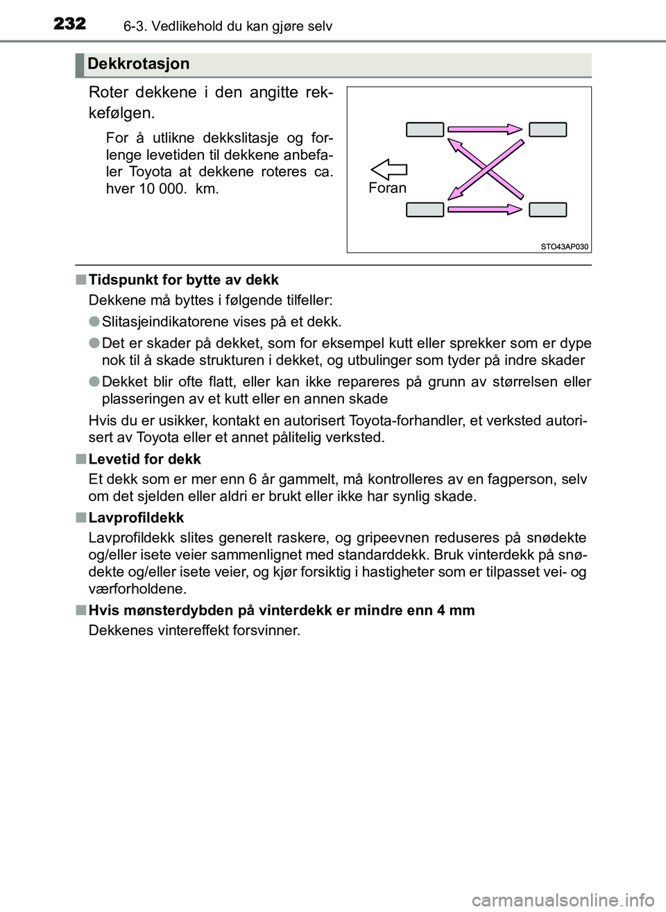 TOYOTA YARIS GRMN 2017 Instruksjoner for bruk (in Norwegian) 2326-3. Vedlikehold du kan gjøre selv
OM52J40NO
Roter dekkene i den angitte rek-
kefølgen.
For å utlikne dekkslitasje og for-
lenge levetiden til dekkene anbefa-
ler Toyota at dekkene roteres ca.
h TOYOTA YARIS GRMN 2017 Instruksjoner for bruk (in Norwegian) 2326-3. Vedlikehold du kan gjøre selv
OM52J40NO
Roter dekkene i den angitte rek-
kefølgen.
For å utlikne dekkslitasje og for-
lenge levetiden til dekkene anbefa-
ler Toyota at dekkene roteres ca.
h