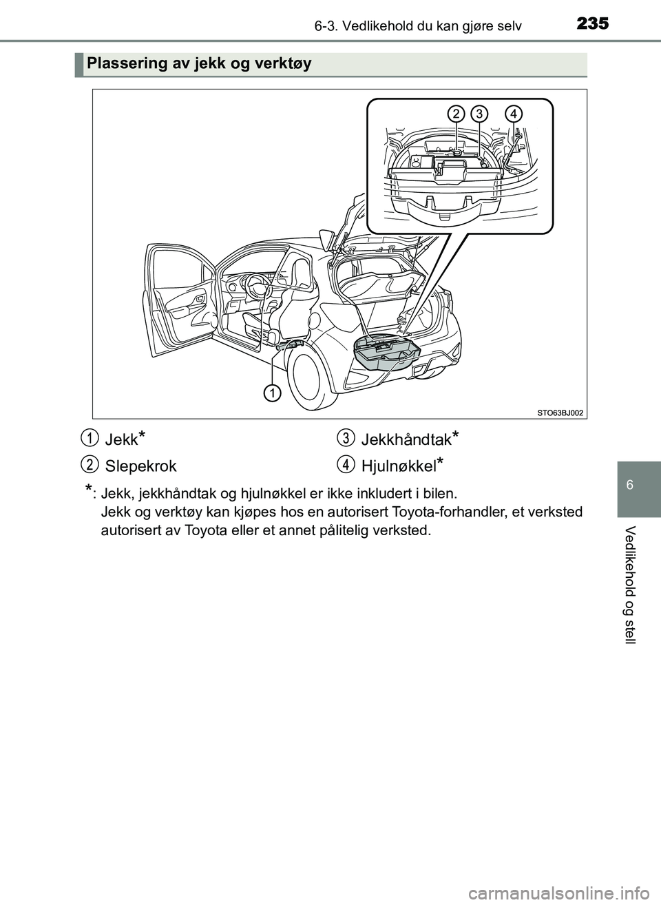 TOYOTA YARIS GRMN 2017 Instruksjoner for bruk (in Norwegian) 2356-3. Vedlikehold du kan gjøre selv
OM52J40NO
6
Vedlikehold og stell
*: Jekk, jekkhåndtak og hjulnøkkel er ikke inkludert i bilen.Jekk og verktøy kan kjøpes hos en autorisert Toyota-forhandler, TOYOTA YARIS GRMN 2017 Instruksjoner for bruk (in Norwegian) 2356-3. Vedlikehold du kan gjøre selv
OM52J40NO
6
Vedlikehold og stell
*: Jekk, jekkhåndtak og hjulnøkkel er ikke inkludert i bilen.Jekk og verktøy kan kjøpes hos en autorisert Toyota-forhandler,