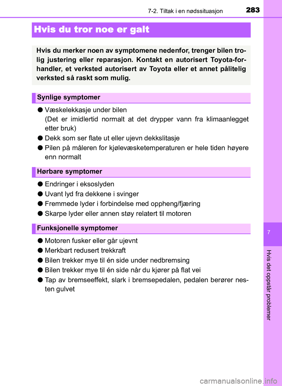 TOYOTA YARIS GRMN 2017  Instruksjoner for bruk (in Norwegian) 2837-2. Tiltak i en nødssituasjon
OM52J40NO
7
Hvis det oppstår problemer
Hvis du tror noe er galt
●Væskelekkasje under bilen
(Det er imidlertid normalt at  det drypper vann fra klimaanlegget
ette