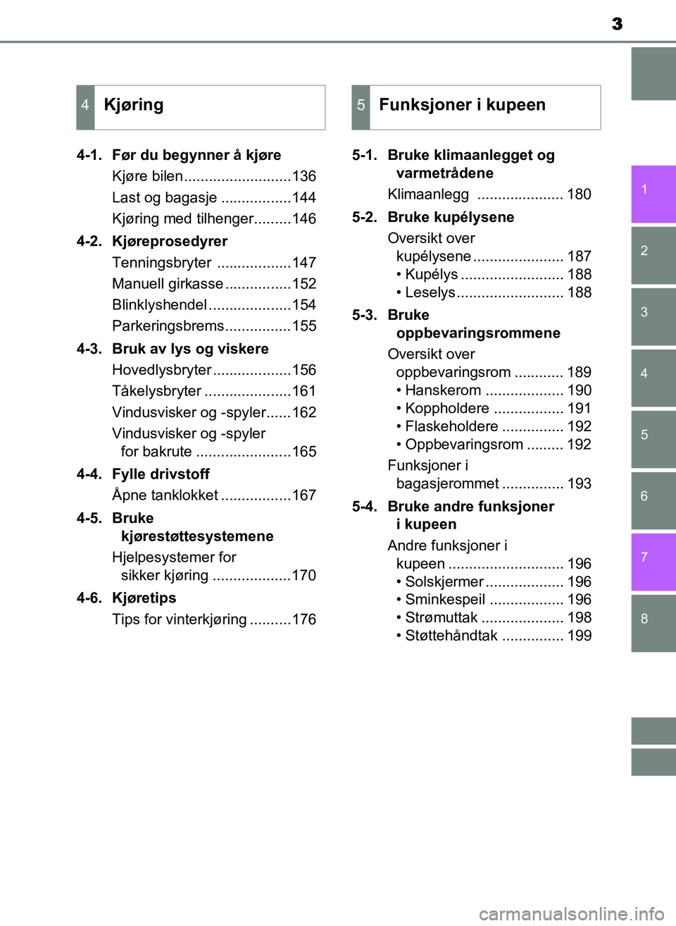 TOYOTA YARIS GRMN 2017  Instruksjoner for bruk (in Norwegian) 3
1
7 6
5
4
3
2
8
OM52J40NO4-1. Før du begynner å kjøre
Kjøre bilen..........................136
Last og bagasje .................144
Kjøring med tilhenger.........146
4-2. Kjøreprosedyrer Tenni