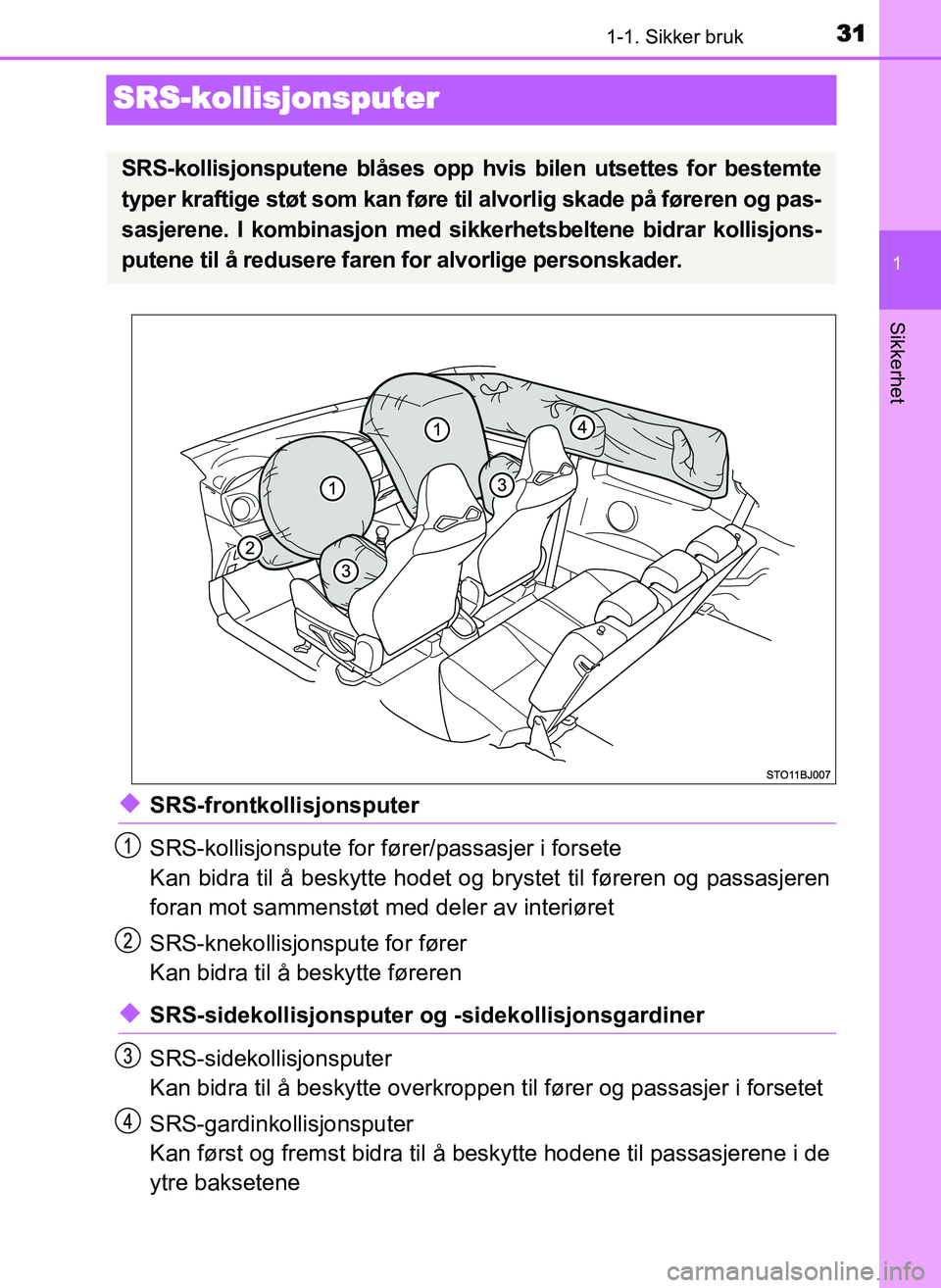TOYOTA YARIS GRMN 2017 Instruksjoner for bruk (in Norwegian) 311-1. Sikker bruk
1
Sikkerhet
OM52J40NO
SRS-kollisjonsputer
◆SRS-frontkollisjonsputer
SRS-kollisjonspute for fører/passasjer i forsete
Kan bidra til å beskytte hodet og brystet til føreren og pa TOYOTA YARIS GRMN 2017 Instruksjoner for bruk (in Norwegian) 311-1. Sikker bruk
1
Sikkerhet
OM52J40NO
SRS-kollisjonsputer
◆SRS-frontkollisjonsputer
SRS-kollisjonspute for fører/passasjer i forsete
Kan bidra til å beskytte hodet og brystet til føreren og pa