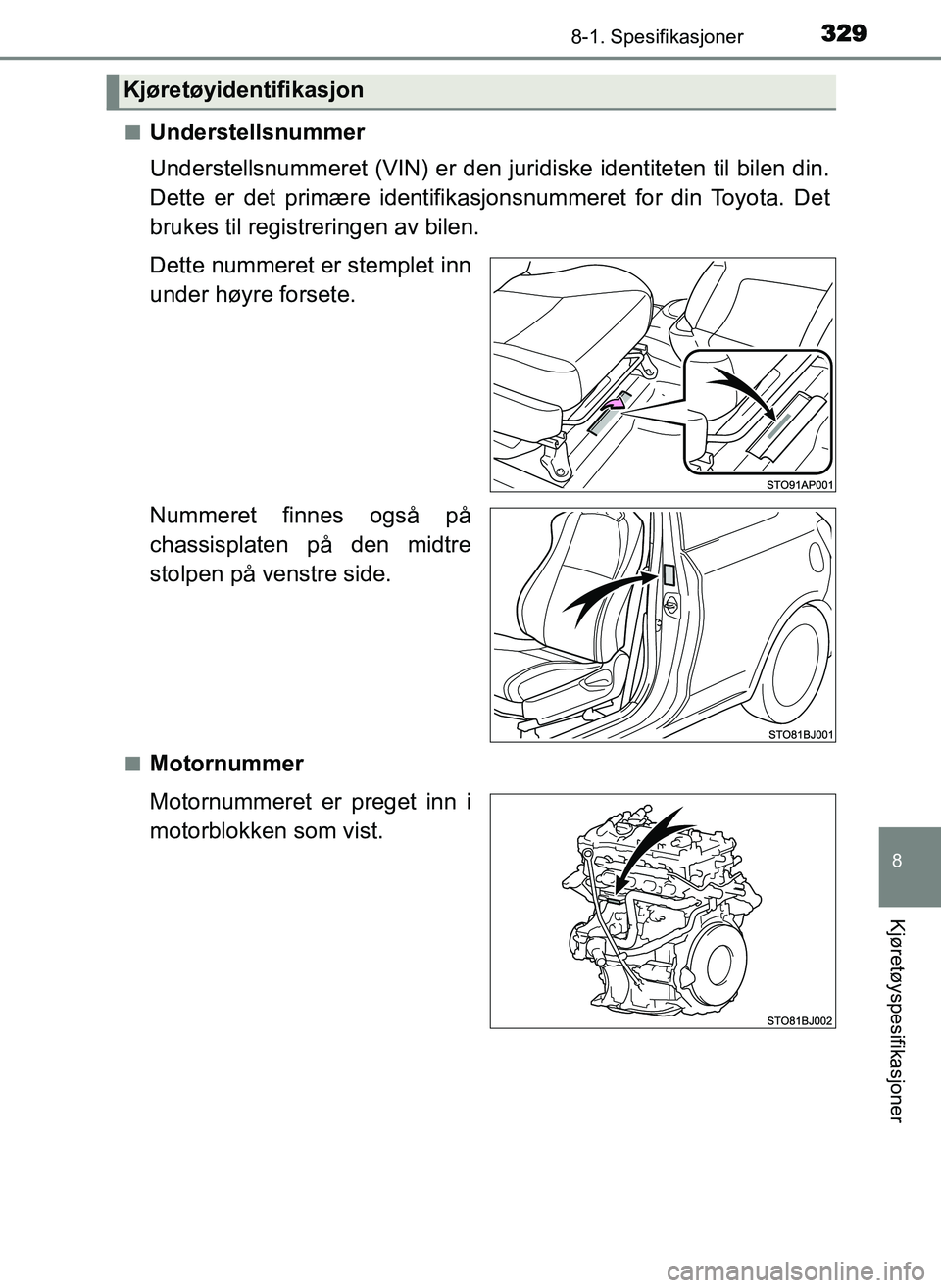 TOYOTA YARIS GRMN 2017 Instruksjoner for bruk (in Norwegian) 3298-1. Spesifikasjoner
8
Kjøretøyspesifikasjoner
OM52J40NO■
Understellsnummer
Understellsnummeret (VIN) er den juridiske identiteten til bilen din.
Dette er det primære identifikasjonsnummeret f TOYOTA YARIS GRMN 2017 Instruksjoner for bruk (in Norwegian) 3298-1. Spesifikasjoner
8
Kjøretøyspesifikasjoner
OM52J40NO■
Understellsnummer
Understellsnummeret (VIN) er den juridiske identiteten til bilen din.
Dette er det primære identifikasjonsnummeret f