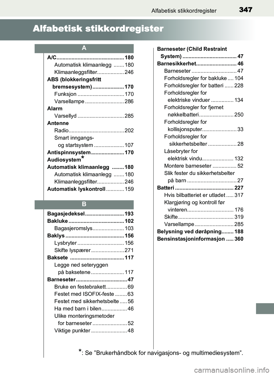 TOYOTA YARIS GRMN 2017 Instruksjoner for bruk (in Norwegian) 347Alfabetisk stikkordregister
OM52J40NO
Alfabetisk stikkordregister
A/C............................................. 180Automatisk klimaanlegg ....... 180
Klimaanleggsfilter.................. 246
AB TOYOTA YARIS GRMN 2017 Instruksjoner for bruk (in Norwegian) 347Alfabetisk stikkordregister
OM52J40NO
Alfabetisk stikkordregister
A/C............................................. 180Automatisk klimaanlegg ....... 180
Klimaanleggsfilter.................. 246
AB