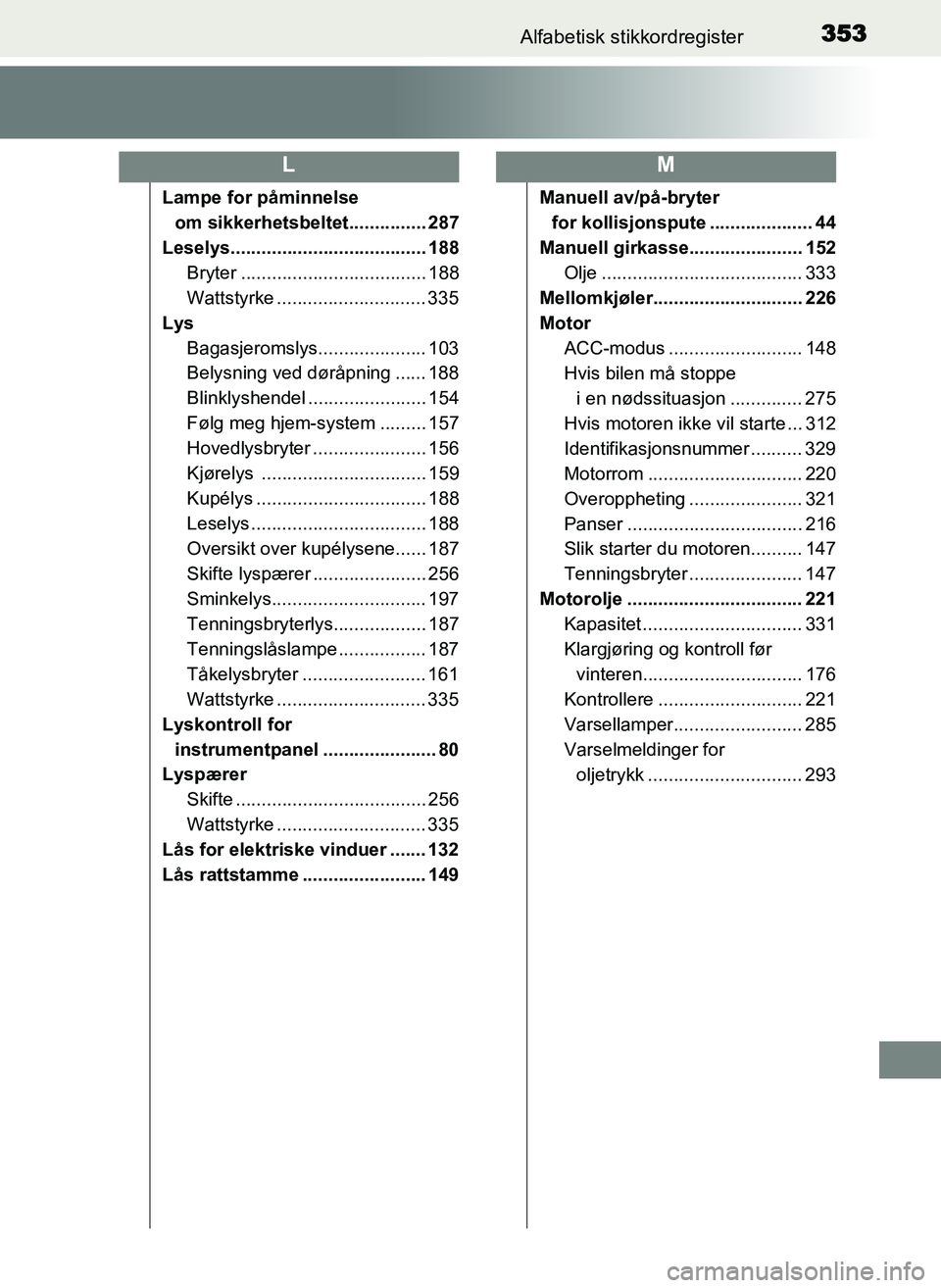 TOYOTA YARIS GRMN 2017 Instruksjoner for bruk (in Norwegian) 353Alfabetisk stikkordregister
OM52J40NO
Lampe for påminnelse om sikkerhetsbeltet............... 287
Leselys...................................... 188 Bryter .................................... 188
TOYOTA YARIS GRMN 2017 Instruksjoner for bruk (in Norwegian) 353Alfabetisk stikkordregister
OM52J40NO
Lampe for påminnelse om sikkerhetsbeltet............... 287
Leselys...................................... 188 Bryter .................................... 188