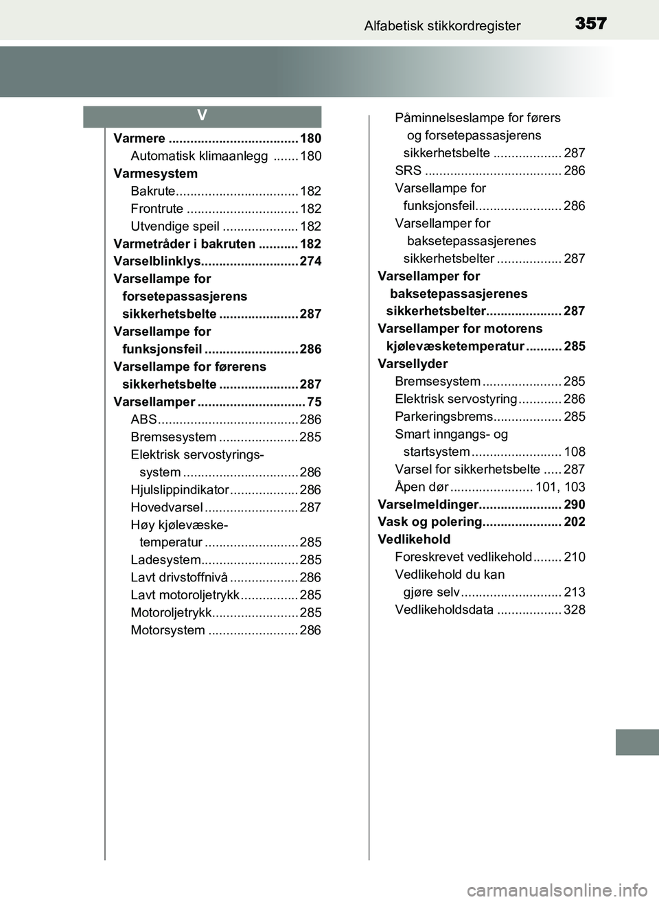 TOYOTA YARIS GRMN 2017 Instruksjoner for bruk (in Norwegian) 357Alfabetisk stikkordregister
OM52J40NO
Varmere .................................... 180Automatisk klimaanlegg ....... 180
Varmesystem Bakrute.................................. 182
Frontrute ....... TOYOTA YARIS GRMN 2017 Instruksjoner for bruk (in Norwegian) 357Alfabetisk stikkordregister
OM52J40NO
Varmere .................................... 180Automatisk klimaanlegg ....... 180
Varmesystem Bakrute.................................. 182
Frontrute .......