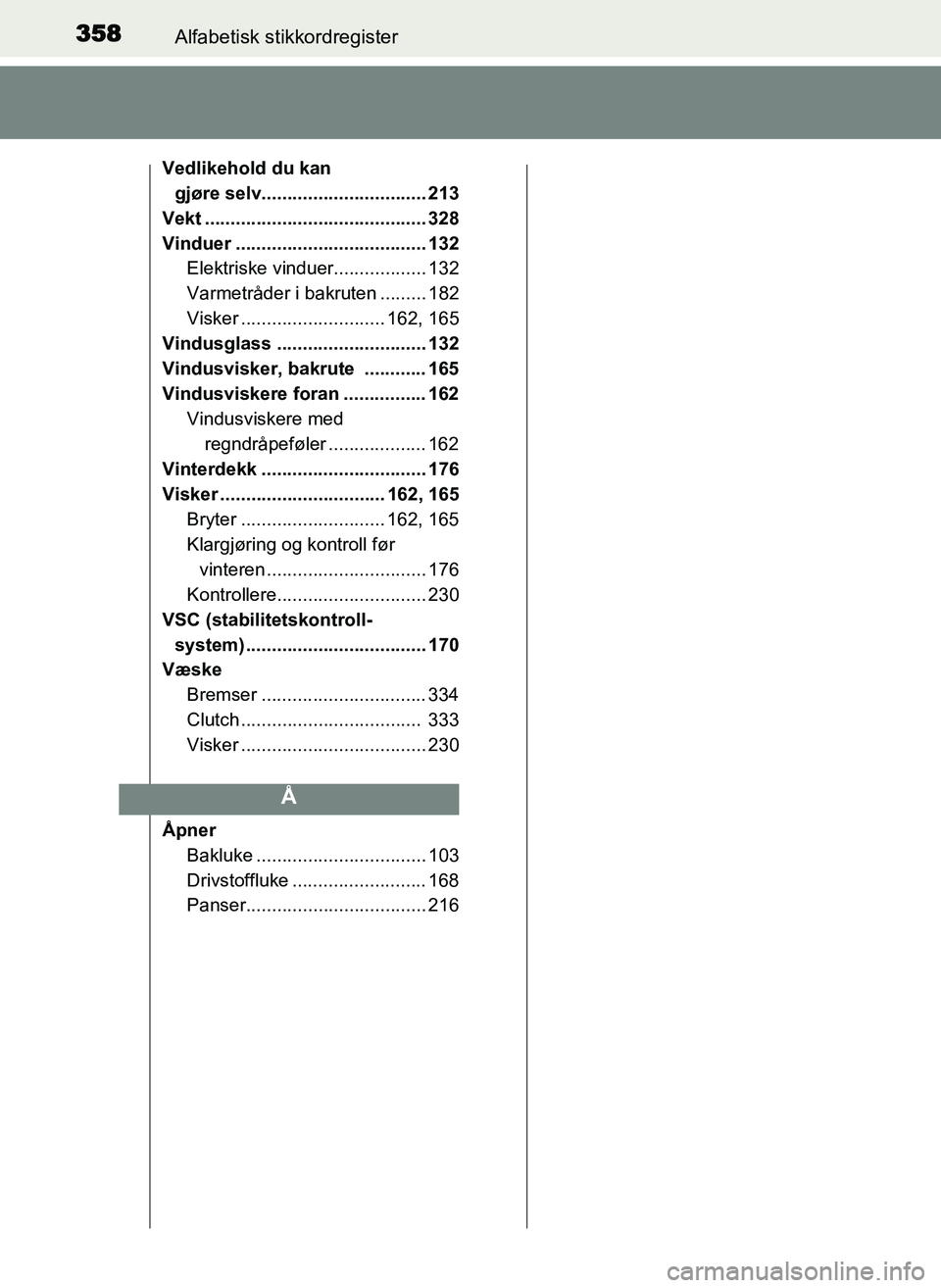 TOYOTA YARIS GRMN 2017 Instruksjoner for bruk (in Norwegian) 358Alfabetisk stikkordregister
OM52J40NO
Vedlikehold du kan
gjøre selv................................ 213
Vekt ........................................... 328
Vinduer .............................. TOYOTA YARIS GRMN 2017 Instruksjoner for bruk (in Norwegian) 358Alfabetisk stikkordregister
OM52J40NO
Vedlikehold du kan
gjøre selv................................ 213
Vekt ........................................... 328
Vinduer ..............................