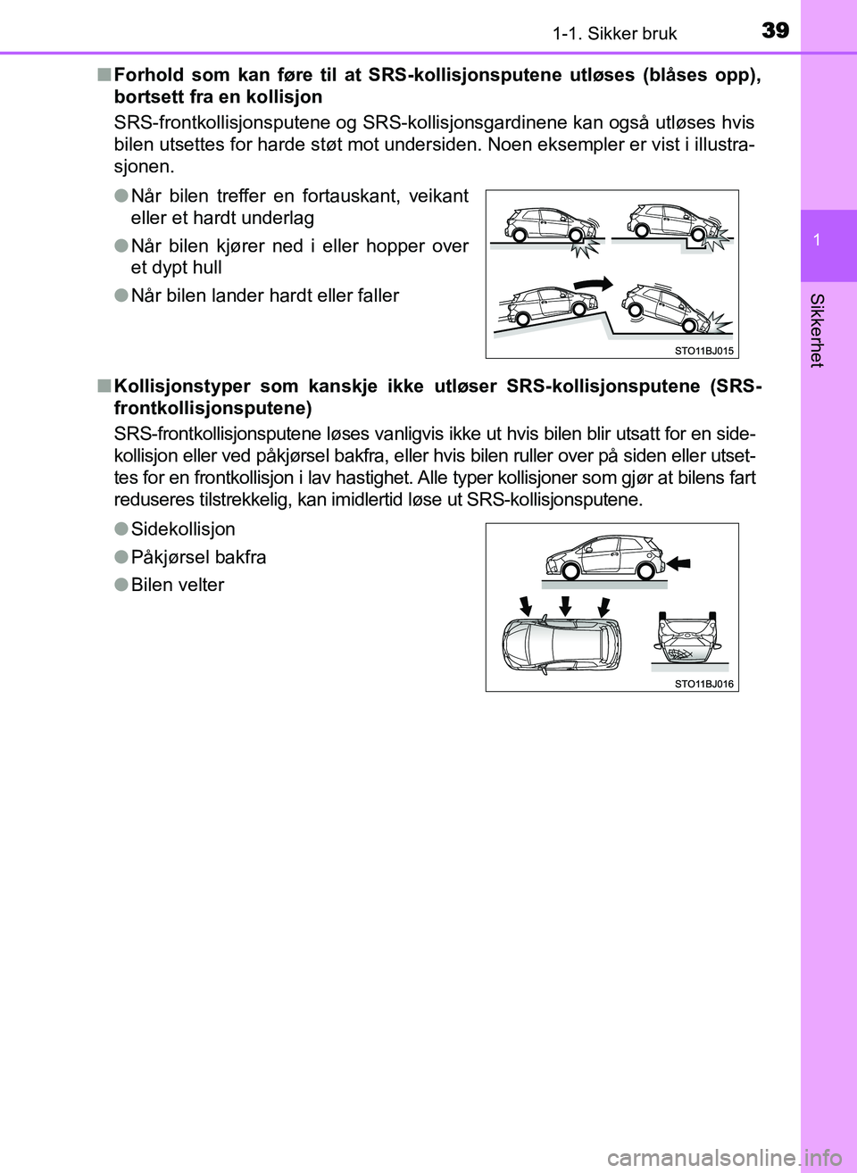 TOYOTA YARIS GRMN 2017 Instruksjoner for bruk (in Norwegian) 391-1. Sikker bruk
1
Sikkerhet
OM52J40NO■
Forhold som kan føre til at SRS-kollisjonsputene utløses (blåses opp),
bortsett fra en kollisjon
SRS-frontkollisjonsputene og SRS-kollisjonsgardinene kan TOYOTA YARIS GRMN 2017 Instruksjoner for bruk (in Norwegian) 391-1. Sikker bruk
1
Sikkerhet
OM52J40NO■
Forhold som kan føre til at SRS-kollisjonsputene utløses (blåses opp),
bortsett fra en kollisjon
SRS-frontkollisjonsputene og SRS-kollisjonsgardinene kan