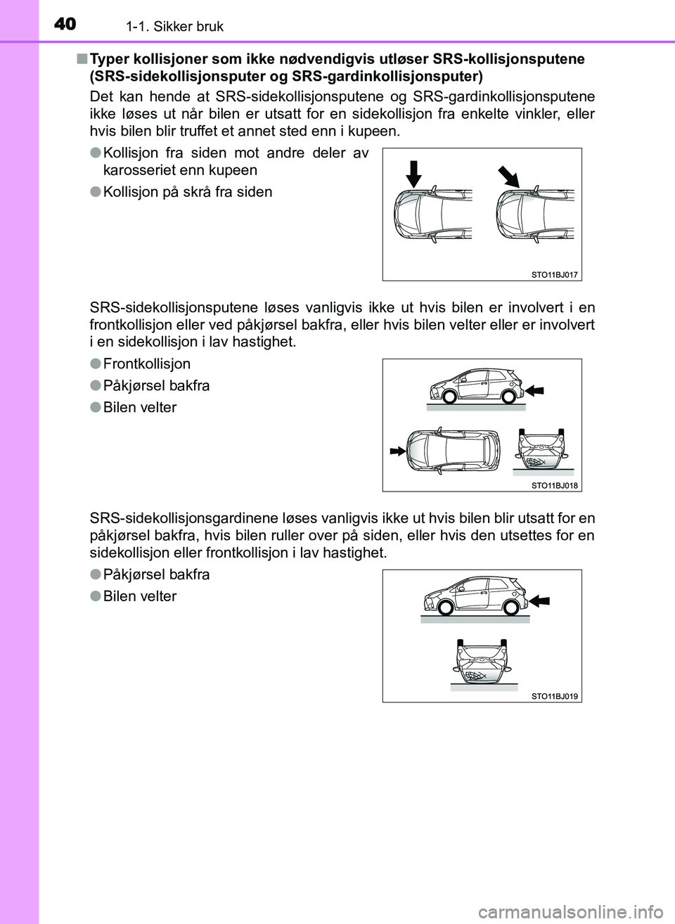 TOYOTA YARIS GRMN 2017 Instruksjoner for bruk (in Norwegian) 401-1. Sikker bruk
OM52J40NO■
Typer kollisjoner som ikke nødvendigvis utløser SRS-kollisjonsputene
(SRS-sidekollisjonsputer og SRS-gardinkollisjonsputer)
Det kan hende at SRS-sidekollisjonsputen TOYOTA YARIS GRMN 2017 Instruksjoner for bruk (in Norwegian) 401-1. Sikker bruk
OM52J40NO■
Typer kollisjoner som ikke nødvendigvis utløser SRS-kollisjonsputene
(SRS-sidekollisjonsputer og SRS-gardinkollisjonsputer)
Det kan hende at SRS-sidekollisjonsputen