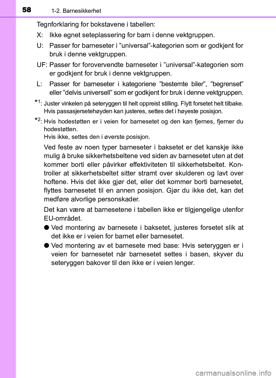 TOYOTA YARIS GRMN 2017  Instruksjoner for bruk (in Norwegian) 581-2. Barnesikkerhet
OM52J40NO
Tegnforklaring for bokstavene i tabellen:
X: Ikke egnet seteplassering for barn i denne vektgruppen.
U: Passer for barneseter i ”universal”-kategorien som er godkje