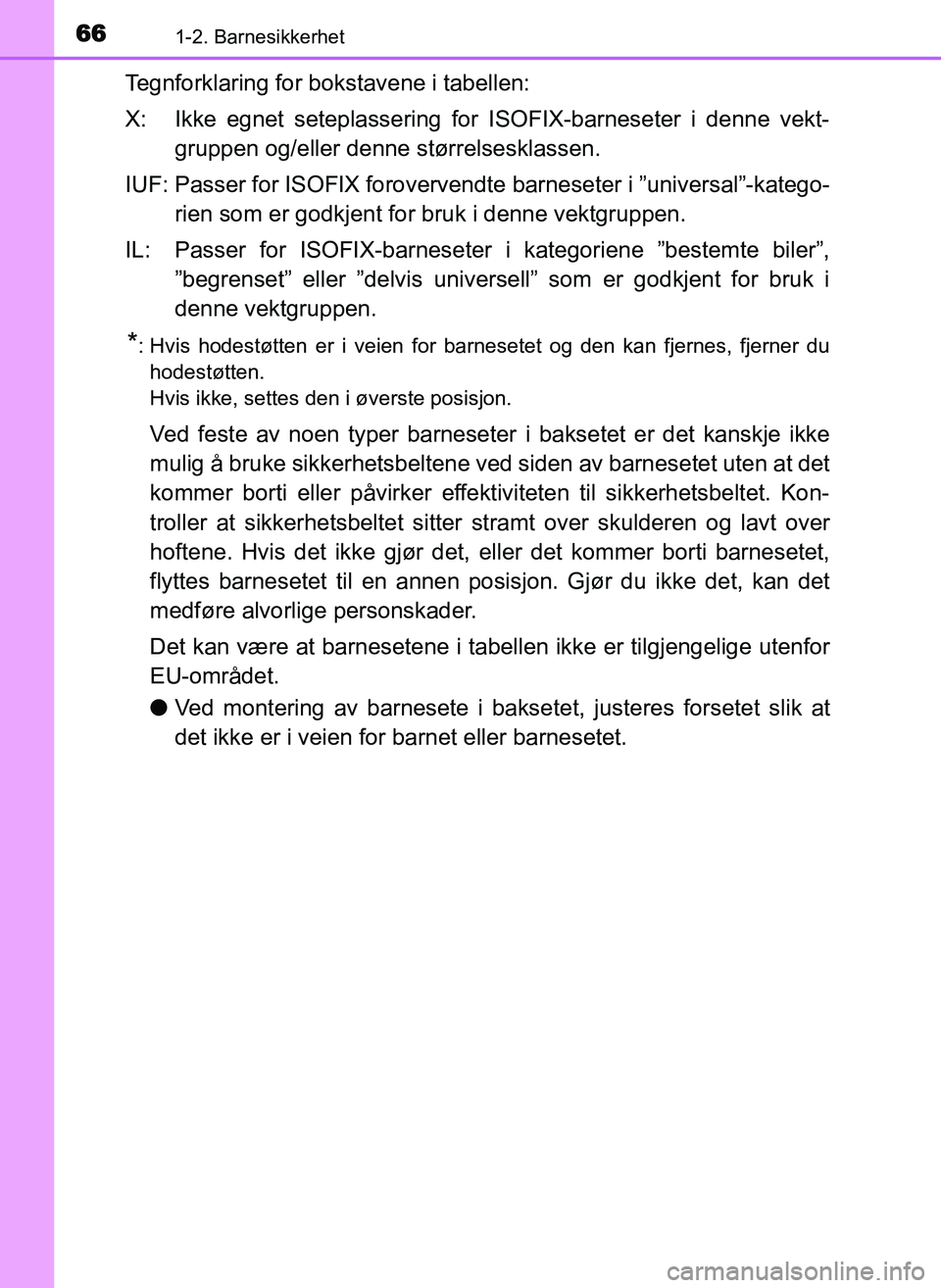 TOYOTA YARIS GRMN 2017  Instruksjoner for bruk (in Norwegian) 661-2. Barnesikkerhet
OM52J40NO
Tegnforklaring for bokstavene i tabellen:
X: Ikke egnet seteplassering for ISOFIX-barneseter i denne vekt-gruppen og/eller denne størrelsesklassen.
IUF: Passer for ISO