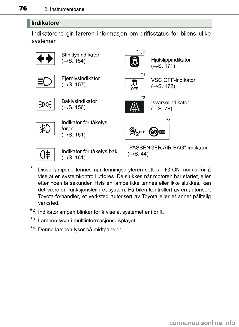 TOYOTA YARIS GRMN 2017  Instruksjoner for bruk (in Norwegian) 762. Instrumentpanel
OM52J40NO
Indikatorene gir føreren informasjon om driftsstatus for bilens ulike
systemer.
*1: Disse lampene tennes når tenningsbryteren settes i IG-ON-modus for åvise at en sys