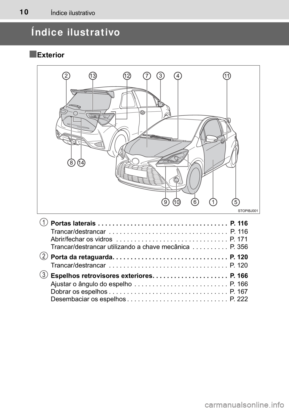 TOYOTA YARIS GRMN 2017  Manual de utilização (in Portuguese) 10�Ë�Q�G�L�F�H��L�O�X�V�W�U�D�W�L�Y�R
Índice ilustrativo
n
nn n
�(�[�W�H�U�L�R�U
�3�R�U�W�D�V��O�D�W�H�U�D�L�V �������������������������������������������