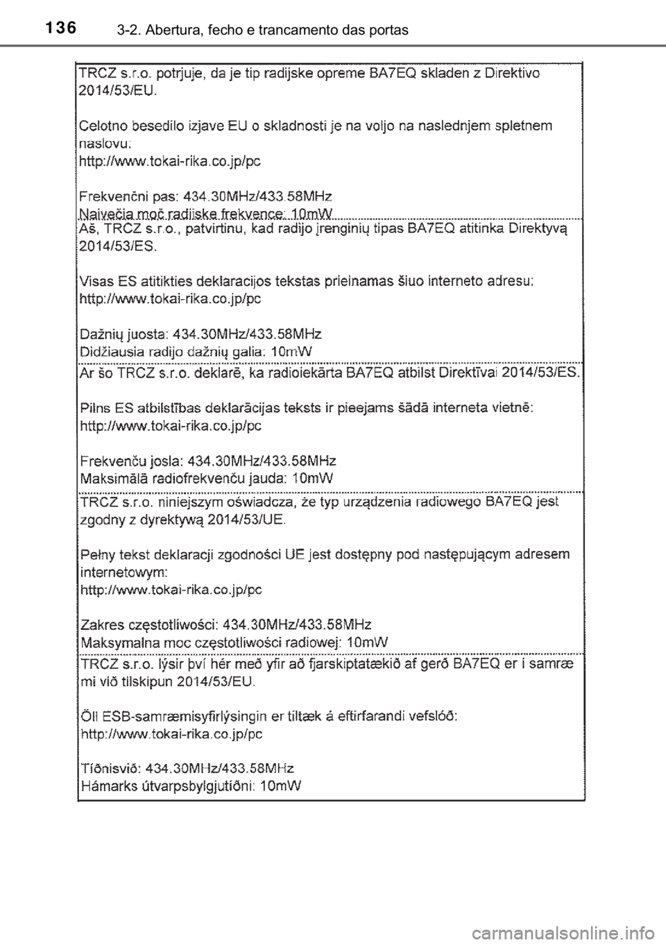 TOYOTA YARIS GRMN 2017  Manual de utilização (in Portuguese) 136������$�E�H�U�W�X�U�D���I�H�F�K�R��H��W�U�D�Q�F�D�P�H�Q�W�R��G�D�V��S�R�U�W�D�V 