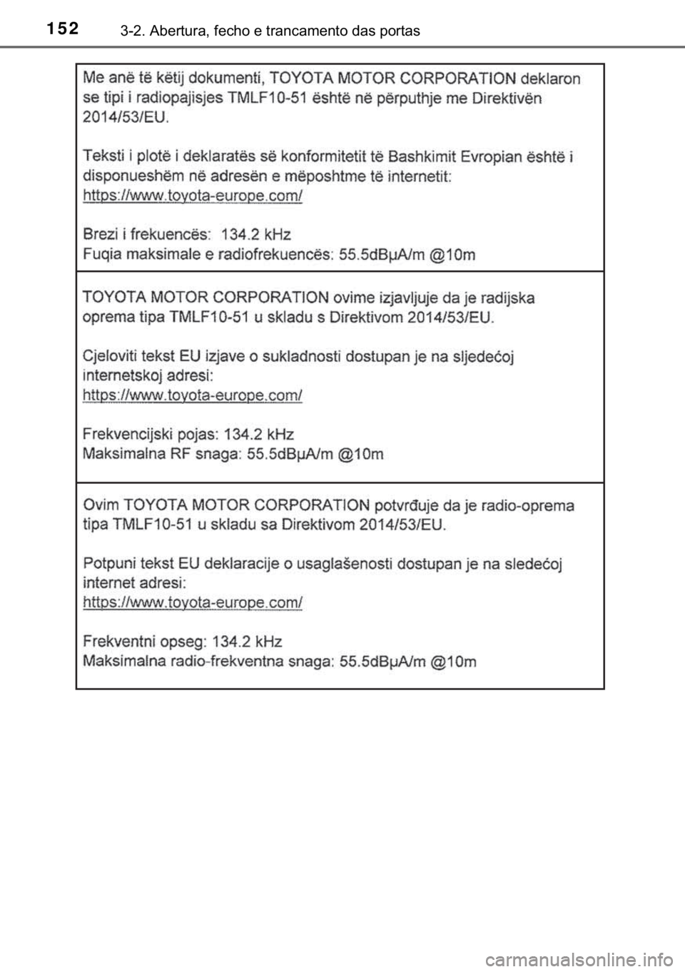TOYOTA YARIS GRMN 2017  Manual de utilização (in Portuguese) 152������$�E�H�U�W�X�U�D���I�H�F�K�R��H��W�U�D�Q�F�D�P�H�Q�W�R��G�D�V��S�R�U�W�D�V 