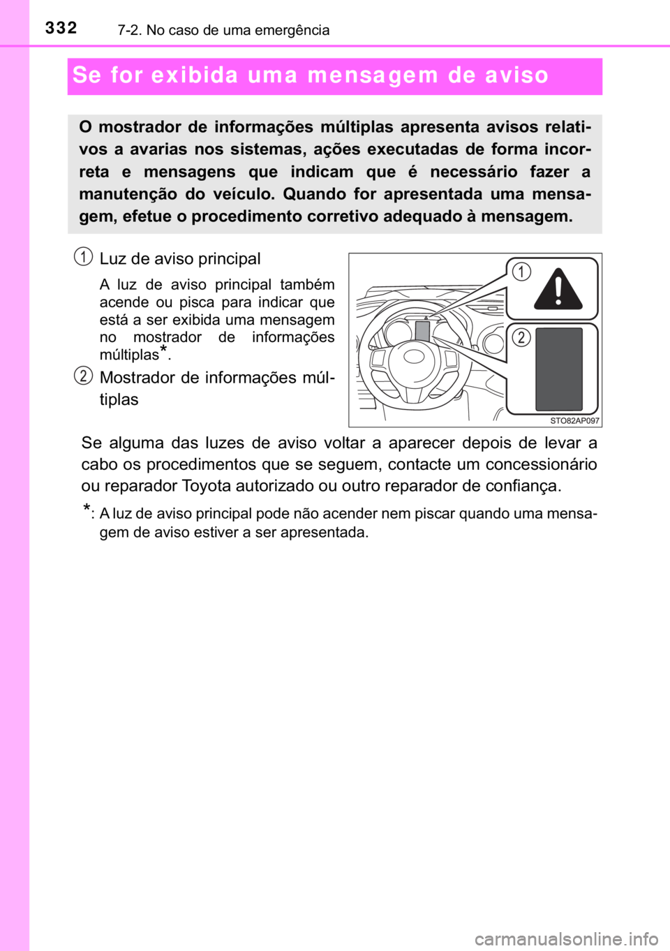 TOYOTA YARIS GRMN 2017  Manual de utilização (in Portuguese) 332������1�R��F�D�V�R��G�H��X�P�D��H�P�H�U�J�r�Q�F�L�D
Se for exibida uma mensagem de aviso
�/�X�]��G�H��D�Y�L�V�R��S�U�L�Q�F�L�S�D�O
�$� �O�X�]� �G�H� �D�Y�L�V�R� �S�U�L�Q�F�L�S�D�O�