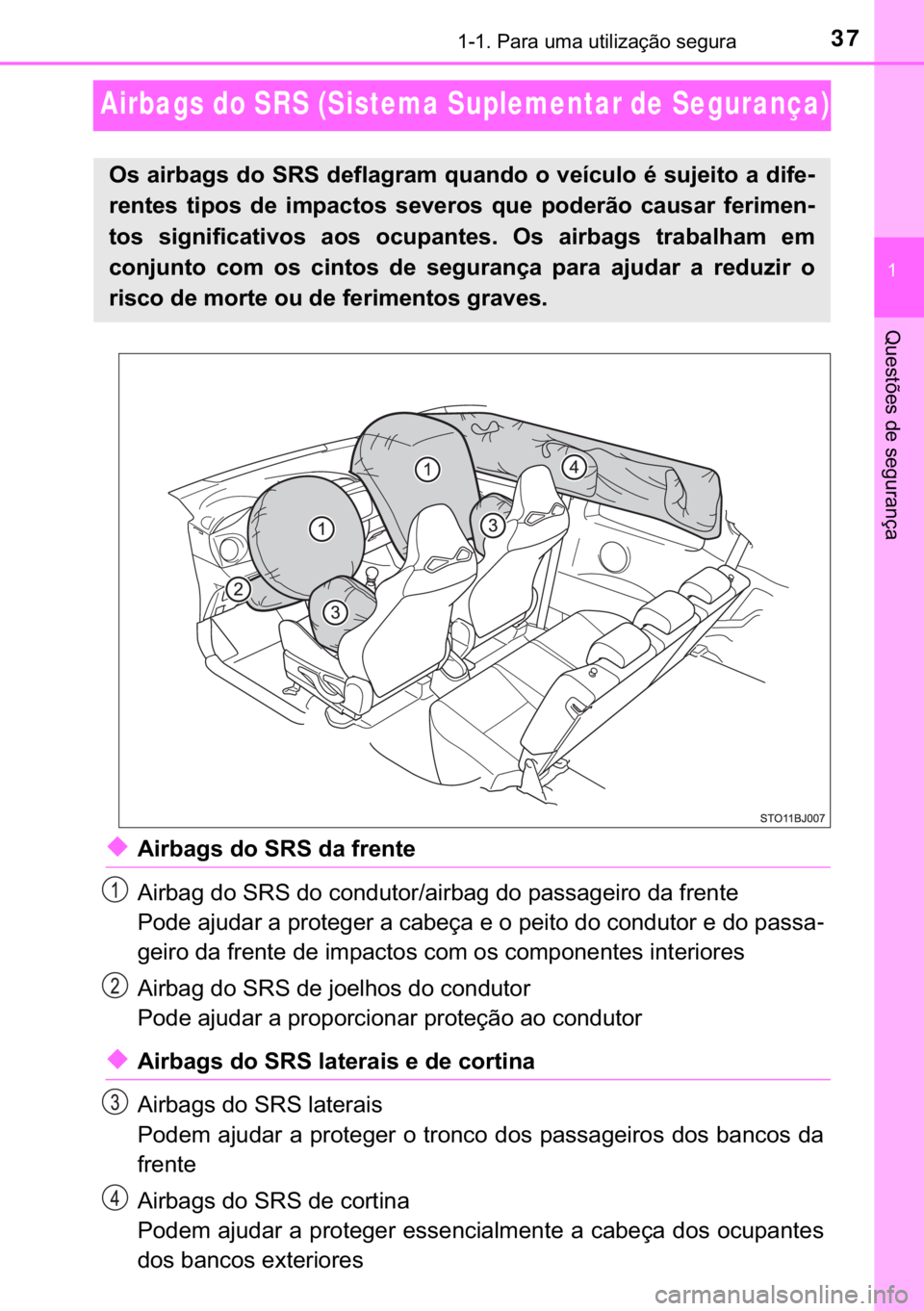TOYOTA YARIS GRMN 2017  Manual de utilização (in Portuguese) 37������3�D�U�D��X�P�D��X�W�L�O�L�]�D�o�m�R��V�H�J�X�U�D
�
�4�X�H�V�W�}�H�V��G�H��V�H�J�X�U�D�Q�o�D
Airbags do SRS (Sistema Suplementar de Segurança)
◆�$�L�U�E�D�J�V��G�R��6�5�6��G�D�