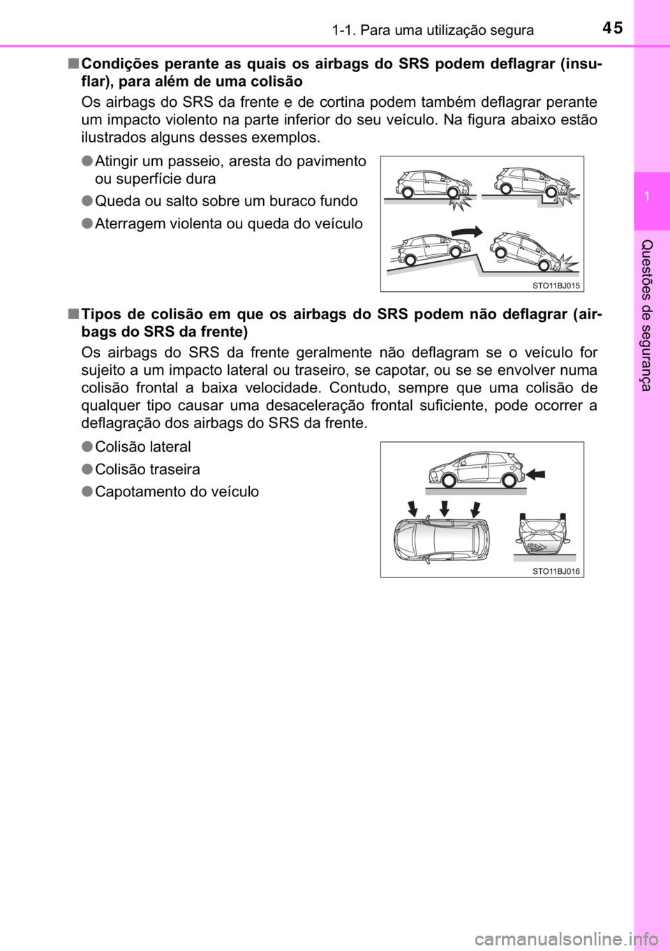 TOYOTA YARIS GRMN 2017  Manual de utilização (in Portuguese) 45������3�D�U�D��X�P�D��X�W�L�O�L�]�D�o�m�R��V�H�J�X�U�D
�
�4�X�H�V�W�}�H�V��G�H��V�H�J�X�U�D�Q�o�D
■�&�R�Q�G�L�o�}�H�V� �S�H�U�D�Q�W�H� �D�V� �T�X�D�L�V� �R�V� �D�L�U�E�D�J�V� �G�R