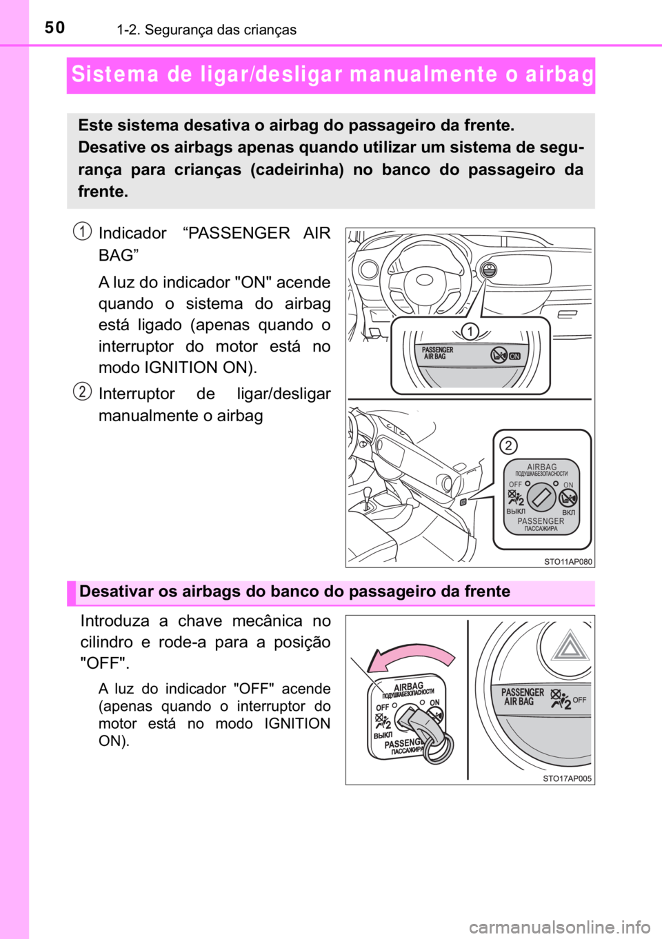 TOYOTA YARIS GRMN 2017  Manual de utilização (in Portuguese) 50������6�H�J�X�U�D�Q�o�D��G�D�V��F�U�L�D�Q�o�D�V
Sistema de ligar/desligar manualmente o airbag
�,�Q�G�L�F�D�G�R�U� �