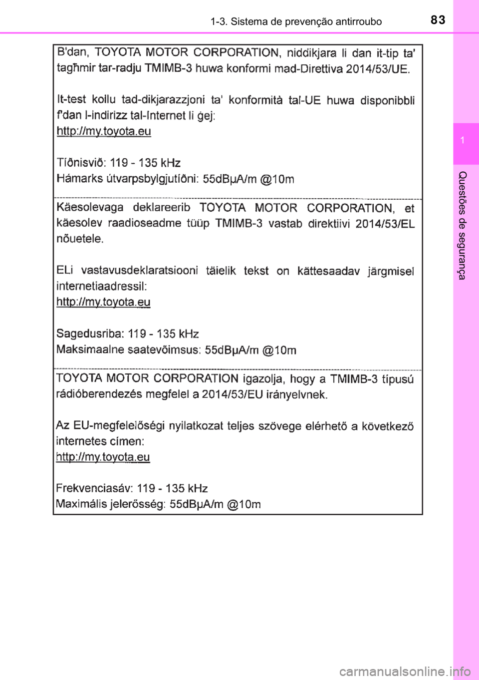 TOYOTA YARIS GRMN 2017  Manual de utilização (in Portuguese) 83������6�L�V�W�H�P�D��G�H��S�U�H�Y�H�Q�o�m�R��D�Q�W�L�U�U�R�X�E�R
�
�4�X�H�V�W�}�H�V��G�H��V�H�J�X�U�D�Q�o�D 