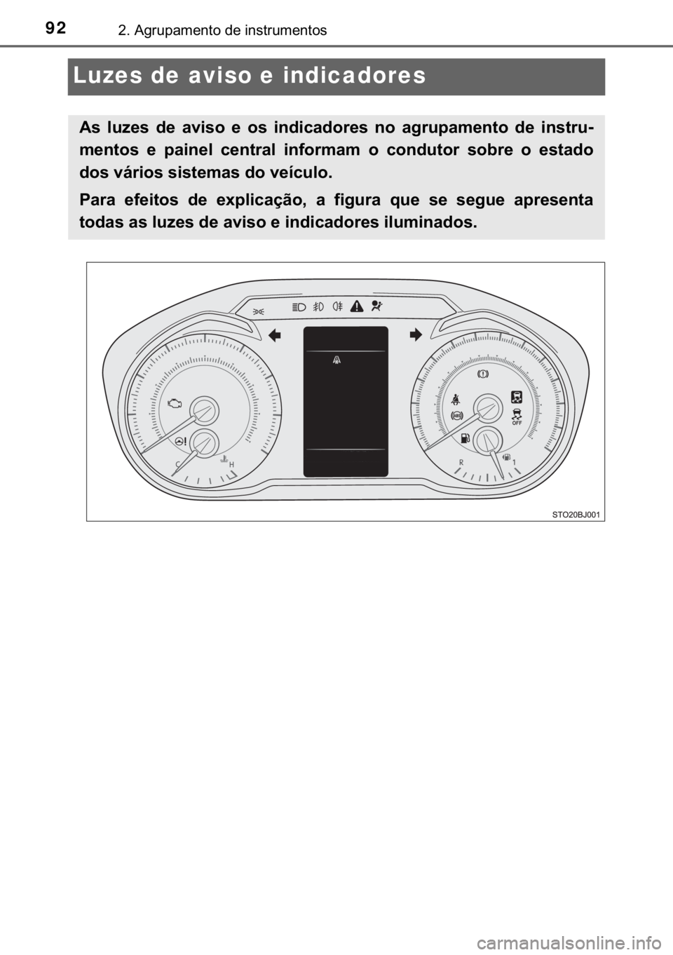 TOYOTA YARIS GRMN 2017  Manual de utilização (in Portuguese) 92����$�J�U�X�S�D�P�H�Q�W�R��G�H��L�Q�V�W�U�X�P�H�Q�W�R�V
Luzes de aviso e indicadores
�$�V� �O�X�]�H�V� �G�H� �D�Y�L�V�R� �H� �R�V� �L�Q�G�L�F�D�G�R�U�H�V� �Q�R� �D�J�U�X�S�D�P�H�Q�W�R�