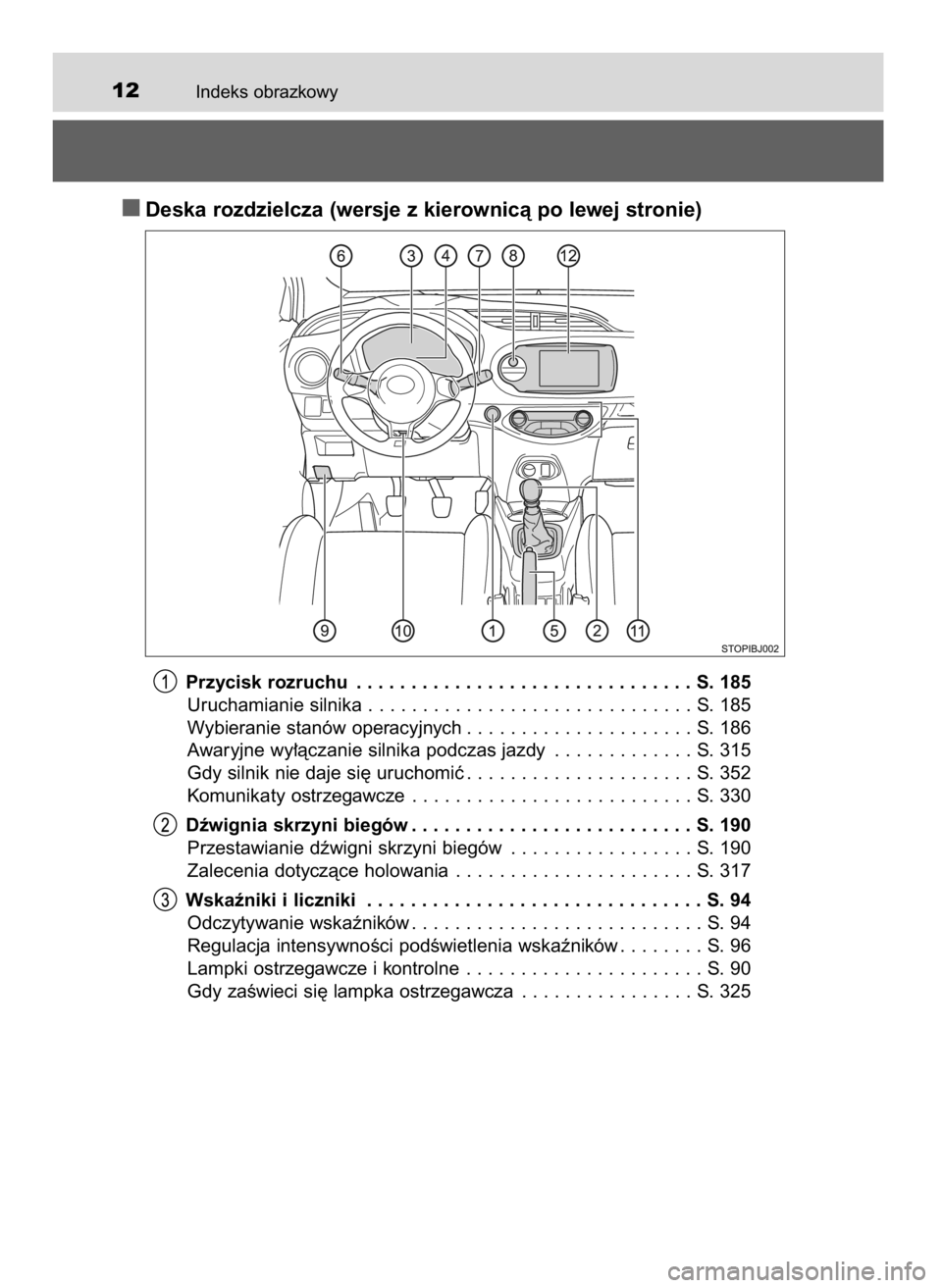 TOYOTA YARIS GRMN 2017  Instrukcja obsługi (in Polish) Indeks obrazkowy12
Deska rozdzielcza (wersje z kierownicà po lewej stronie)
Przycisk rozruchu . . . . . . . . . . . . . . . . . . . . . . . . . . . . . . . S. 185
Uruchamianie silnika . . . . . . . .